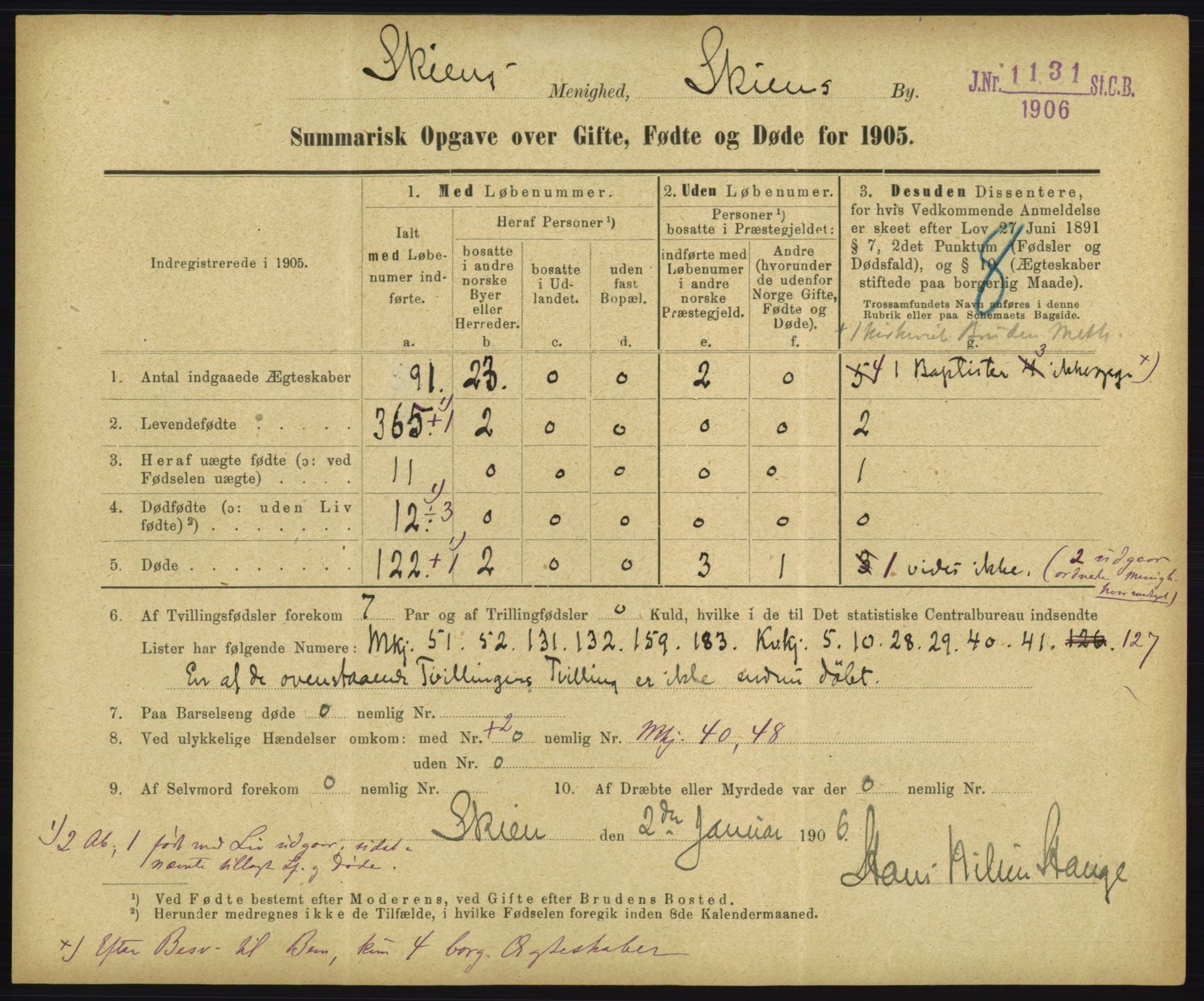 Statistisk sentralbyrå, Sosiodemografiske emner, Befolkning, RA/S-2228/D/Df/Dfa/Dfac/L0048: Summariske oppgaver over gifte, fødte, døde. Byer., 1905, p. 111