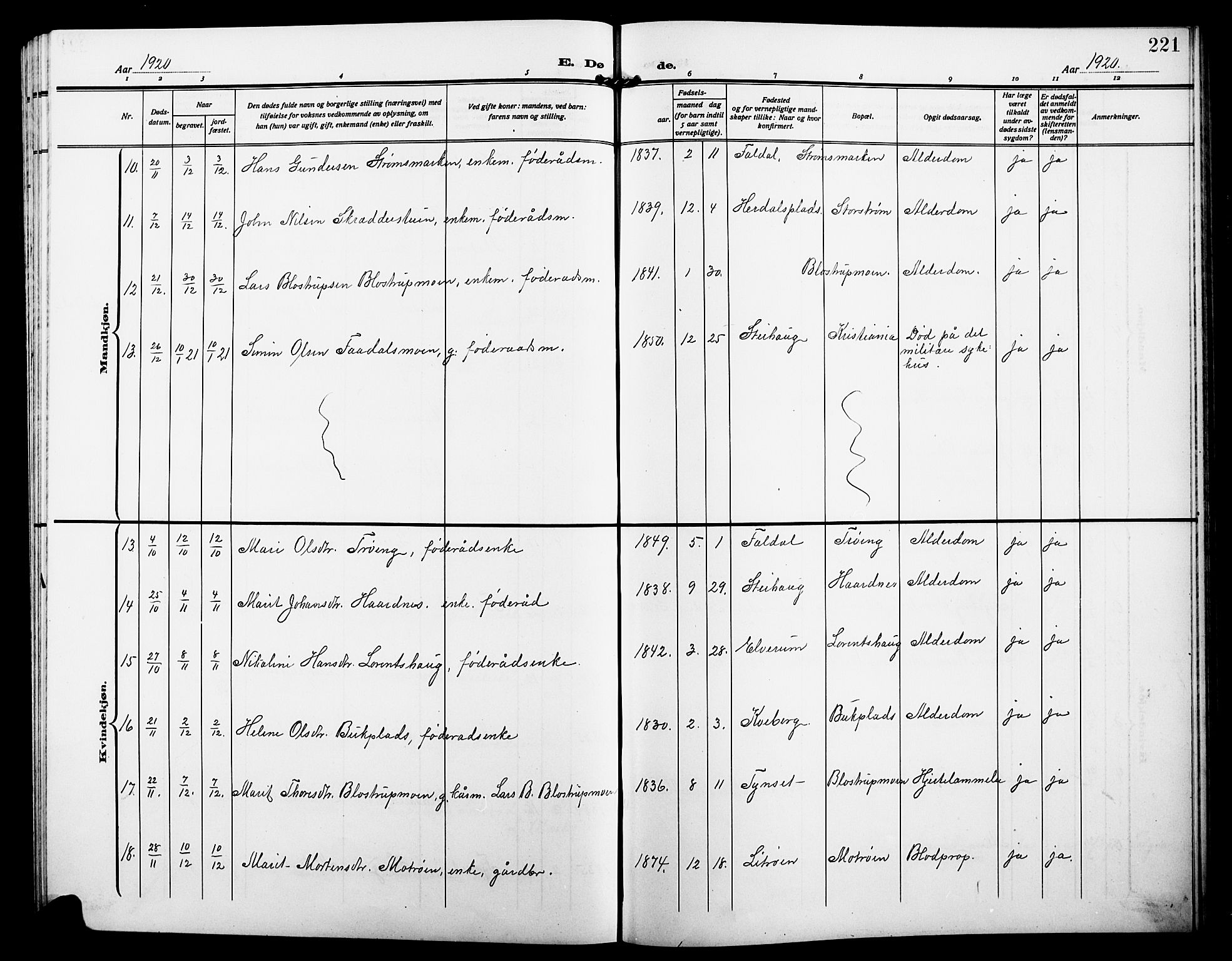 Alvdal prestekontor, AV/SAH-PREST-060/H/Ha/Hab/L0005: Parish register (copy) no. 5, 1908-1923, p. 221