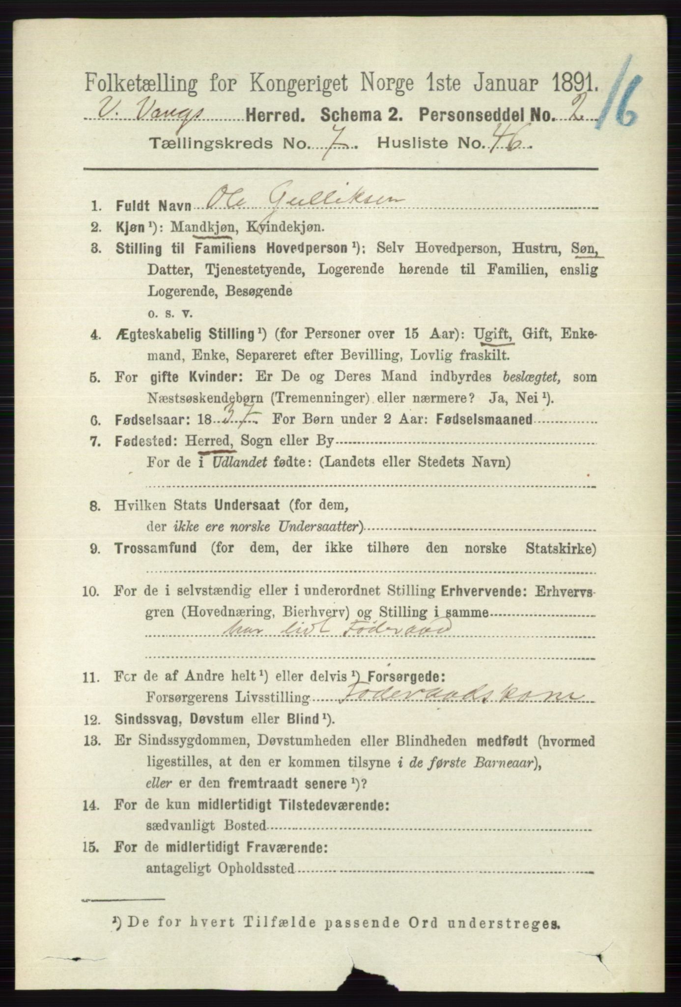 RA, 1891 census for 0545 Vang, 1891, p. 1704