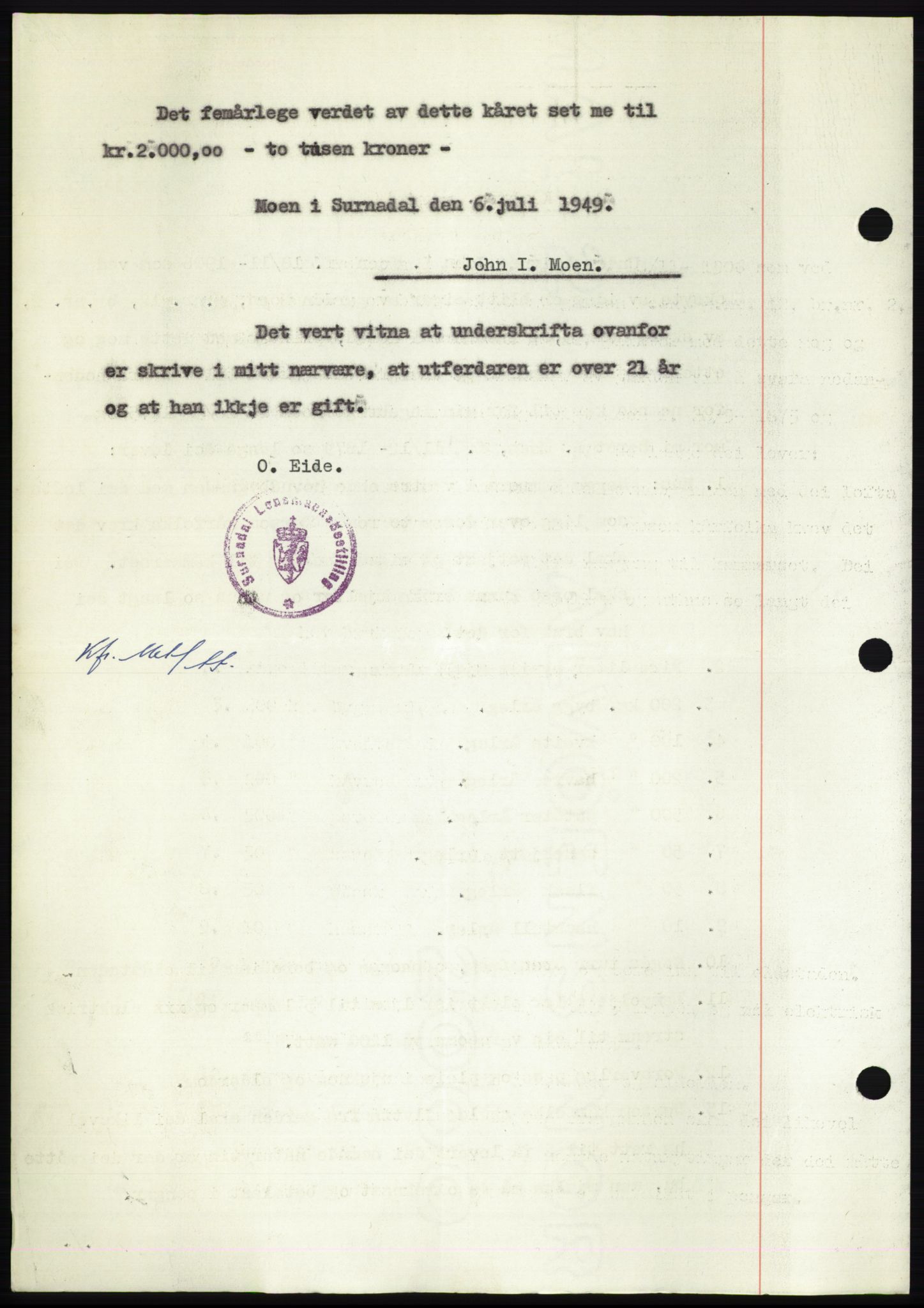 Nordmøre sorenskriveri, AV/SAT-A-4132/1/2/2Ca: Mortgage book no. B102, 1949-1949, Diary no: : 1938/1949