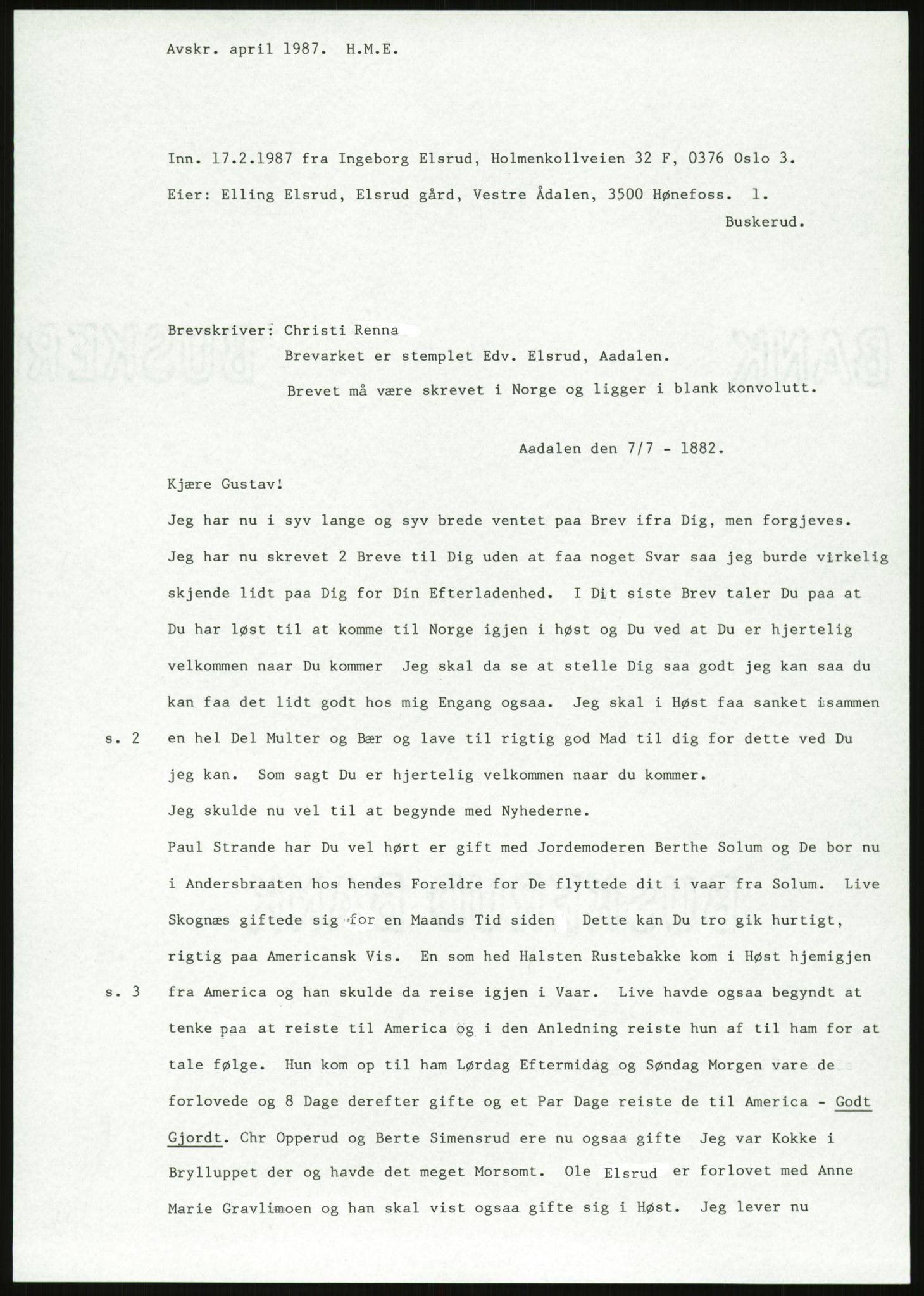 Samlinger til kildeutgivelse, Amerikabrevene, AV/RA-EA-4057/F/L0018: Innlån fra Buskerud: Elsrud, 1838-1914, p. 1025