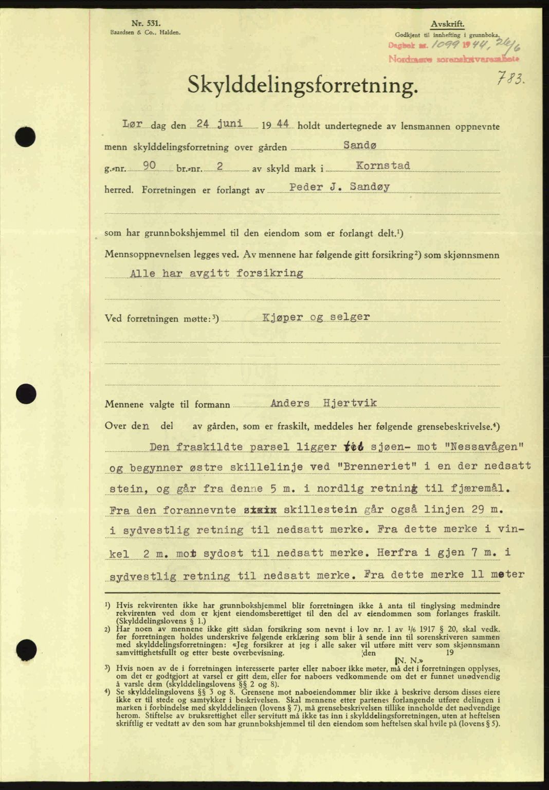 Nordmøre sorenskriveri, AV/SAT-A-4132/1/2/2Ca: Mortgage book no. A97, 1944-1944, Diary no: : 1099/1944