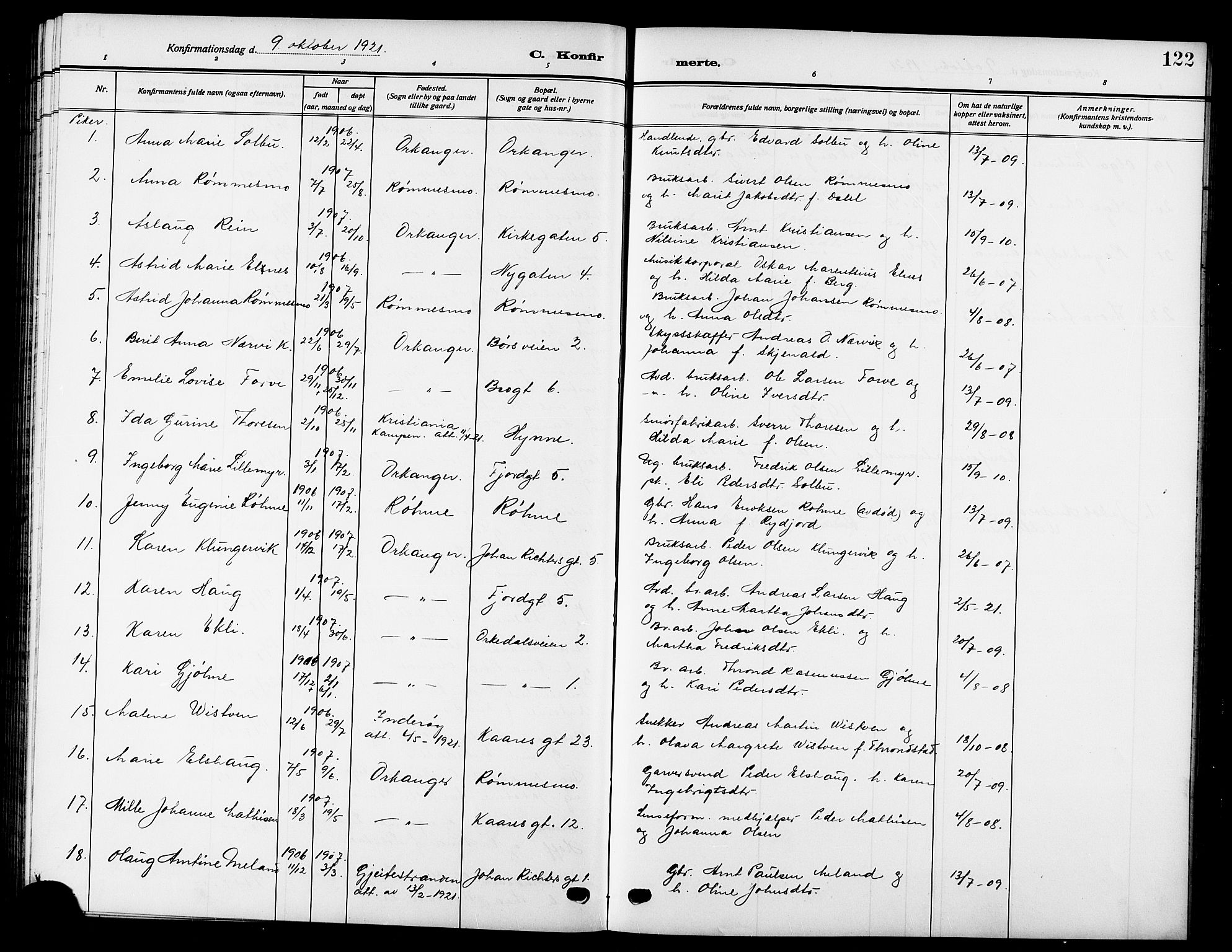 Ministerialprotokoller, klokkerbøker og fødselsregistre - Sør-Trøndelag, AV/SAT-A-1456/669/L0831: Parish register (copy) no. 669C01, 1909-1924, p. 122