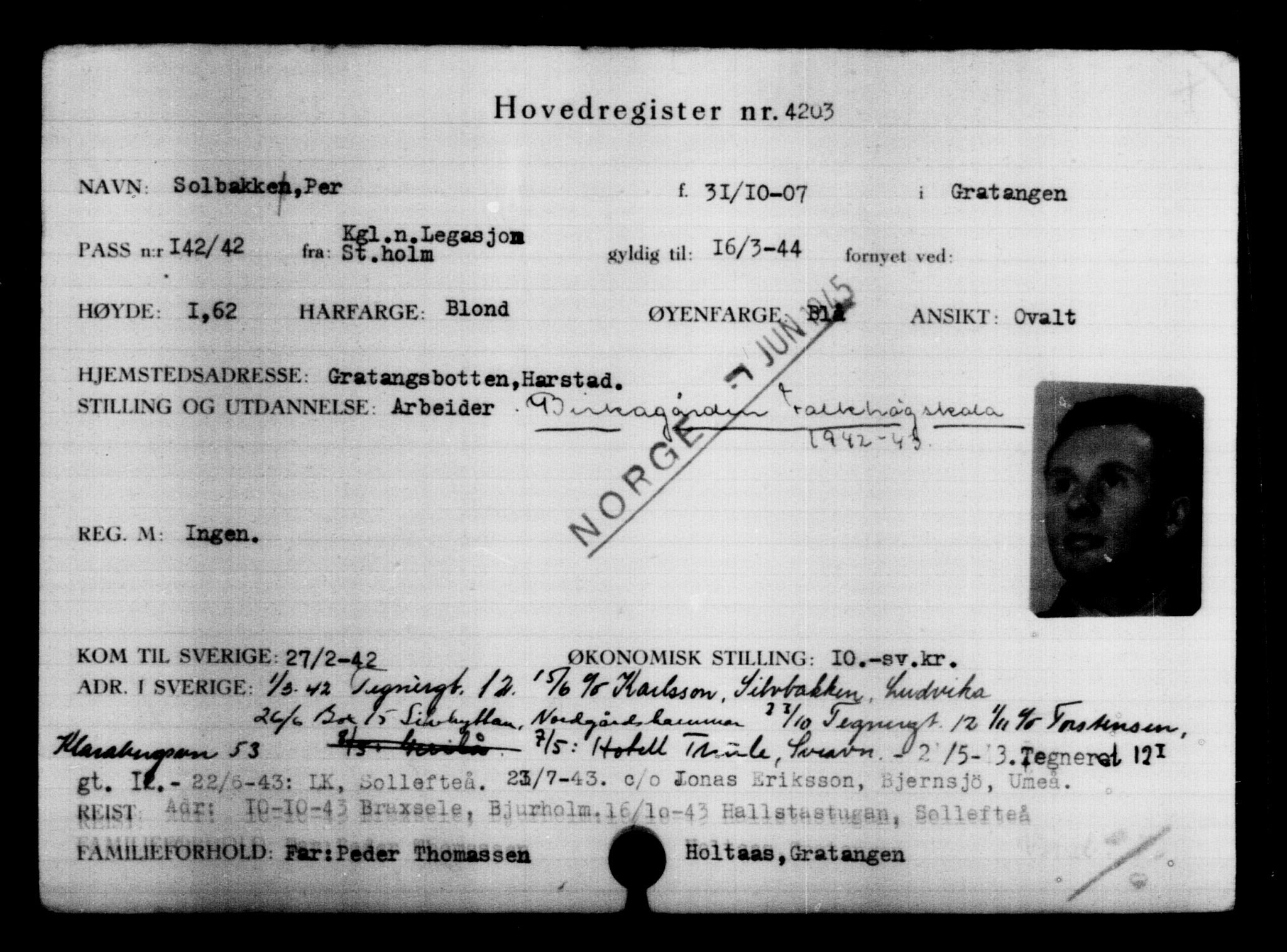 Utenriksstasjonene, Legasjonen i Stockholm, Flyktningkontoret, AV/RA-S-6753/V/Va/L0004: Kjesäterkartoteket, flyktninger med registreringsnr. 3496-6610, 1940-1945, p. 857