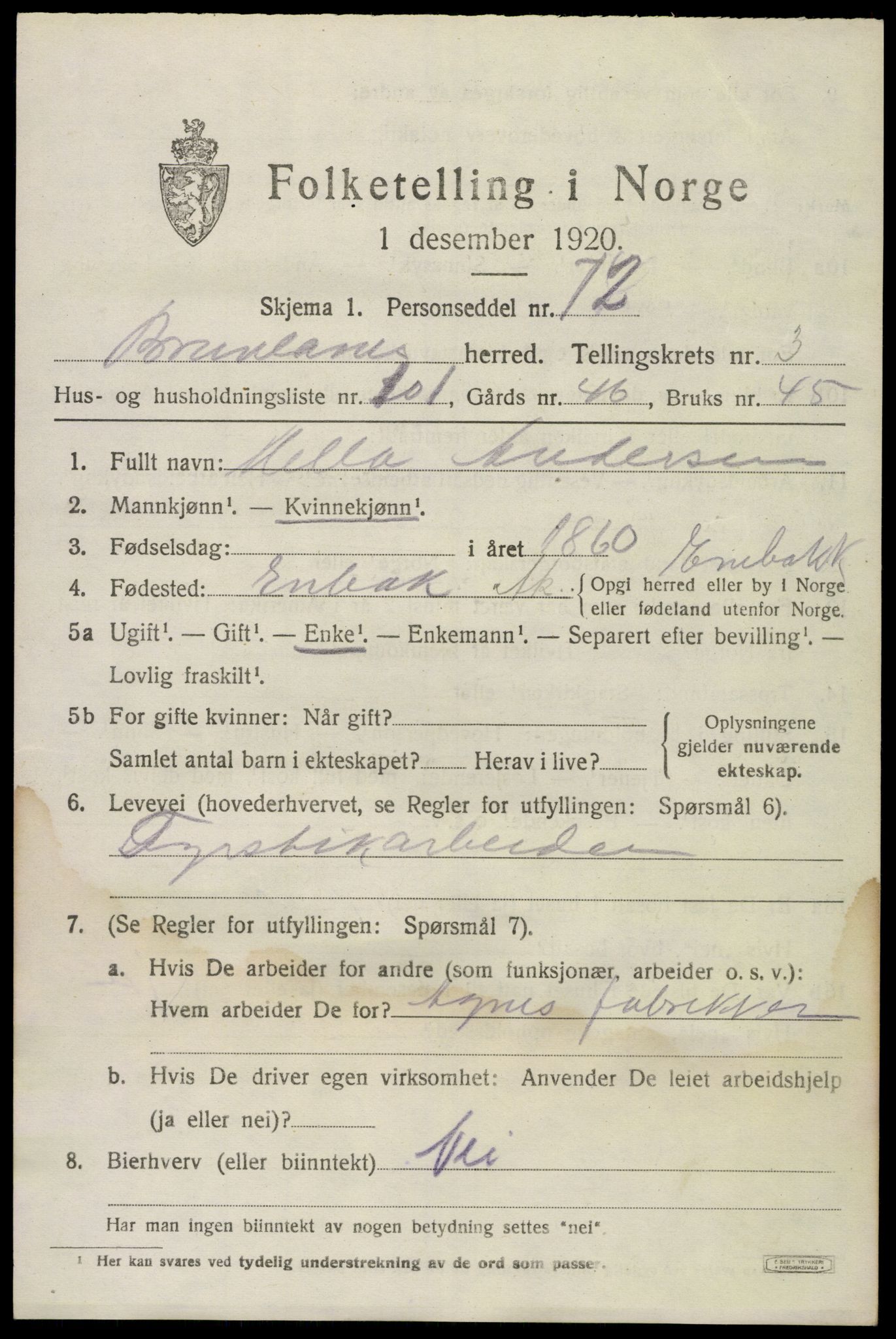 SAKO, 1920 census for Brunlanes, 1920, p. 6111