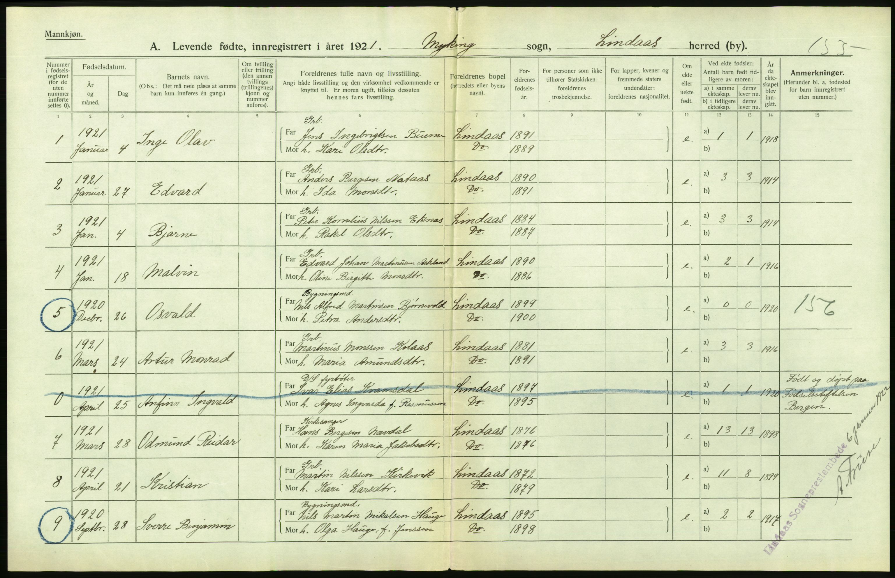 Statistisk sentralbyrå, Sosiodemografiske emner, Befolkning, AV/RA-S-2228/D/Df/Dfc/Dfca/L0031: Hordaland fylke: Levendefødte menn og kvinner. Bygder., 1921, p. 38