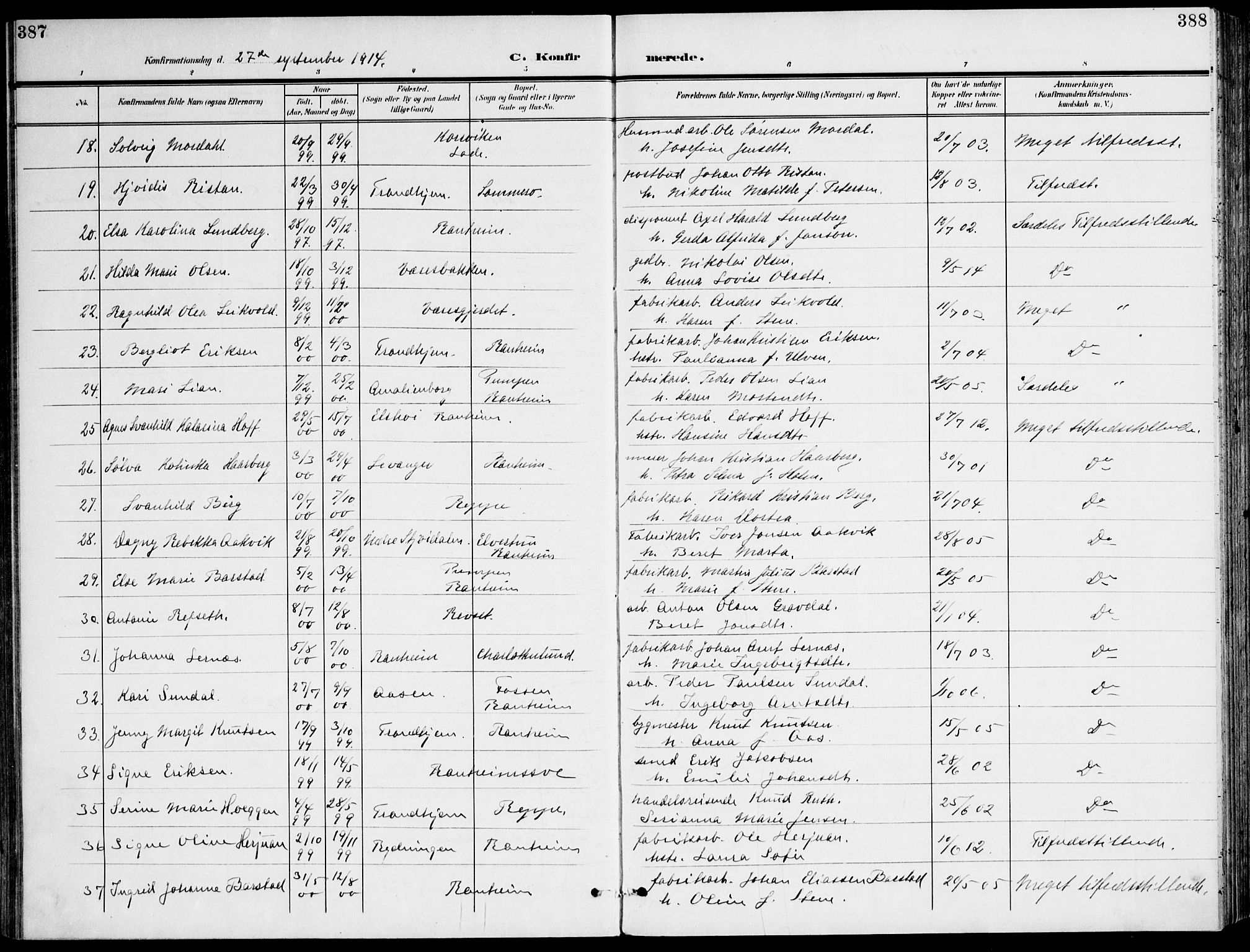 Ministerialprotokoller, klokkerbøker og fødselsregistre - Sør-Trøndelag, SAT/A-1456/607/L0320: Parish register (official) no. 607A04, 1907-1915, p. 387-388