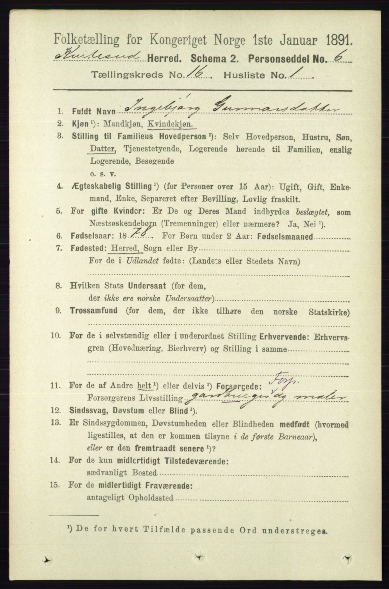 RA, 1891 census for 0829 Kviteseid, 1891, p. 3640