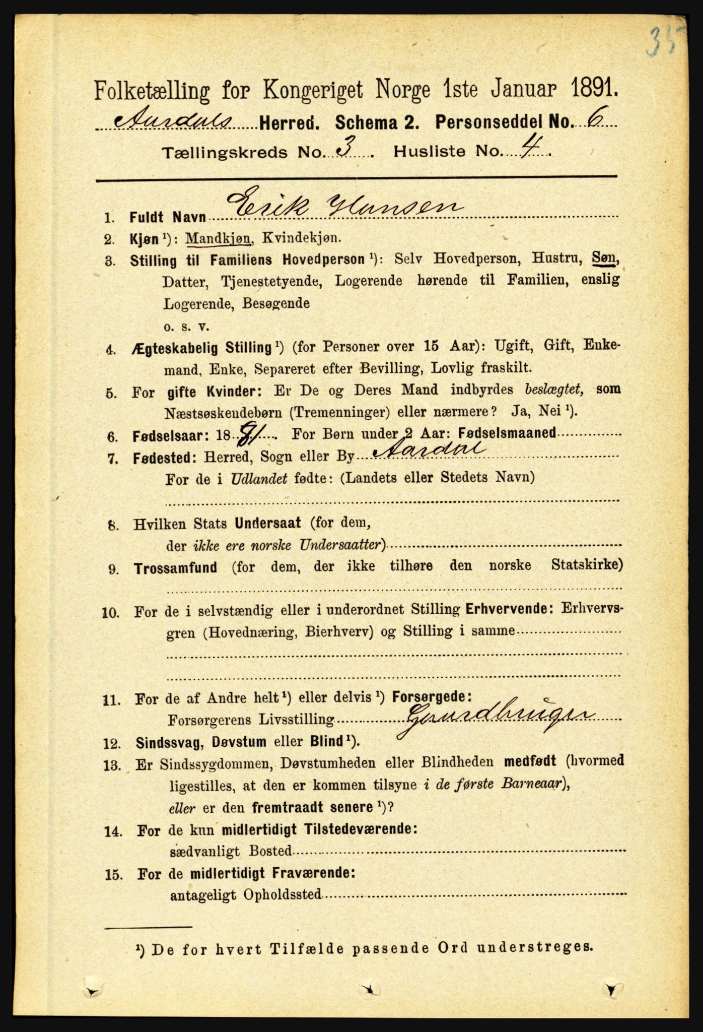 RA, 1891 census for 1424 Årdal, 1891, p. 412