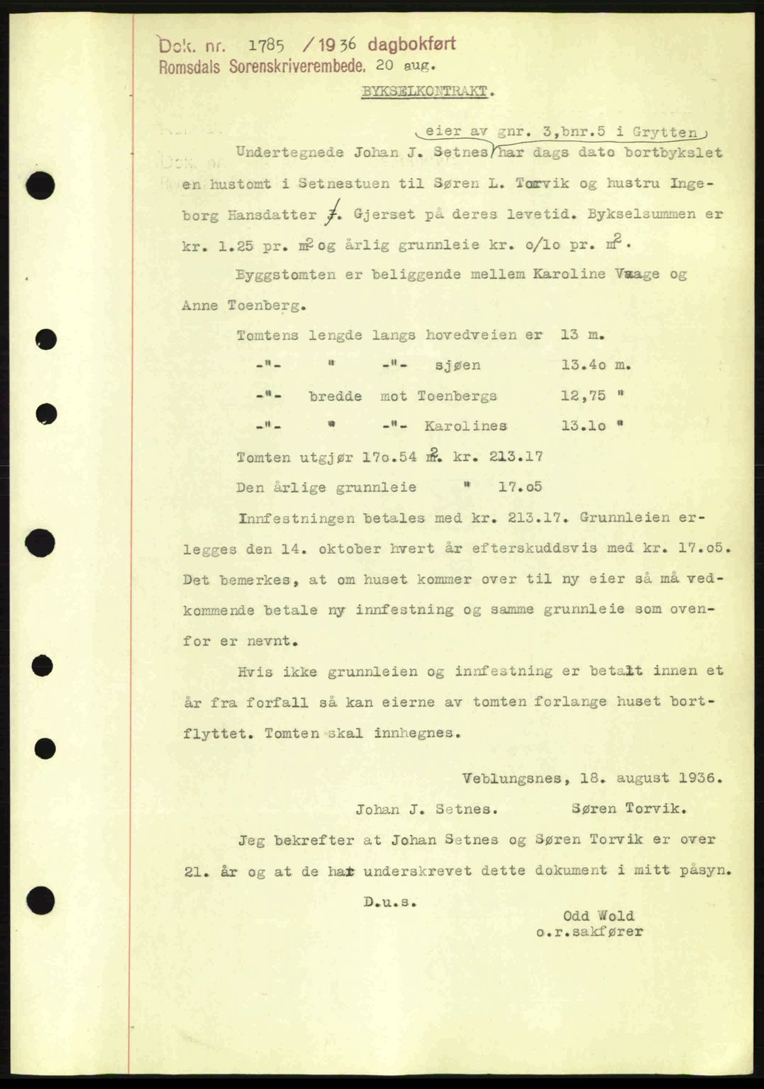 Romsdal sorenskriveri, AV/SAT-A-4149/1/2/2C: Mortgage book no. A1, 1936-1936, Diary no: : 1785/1936