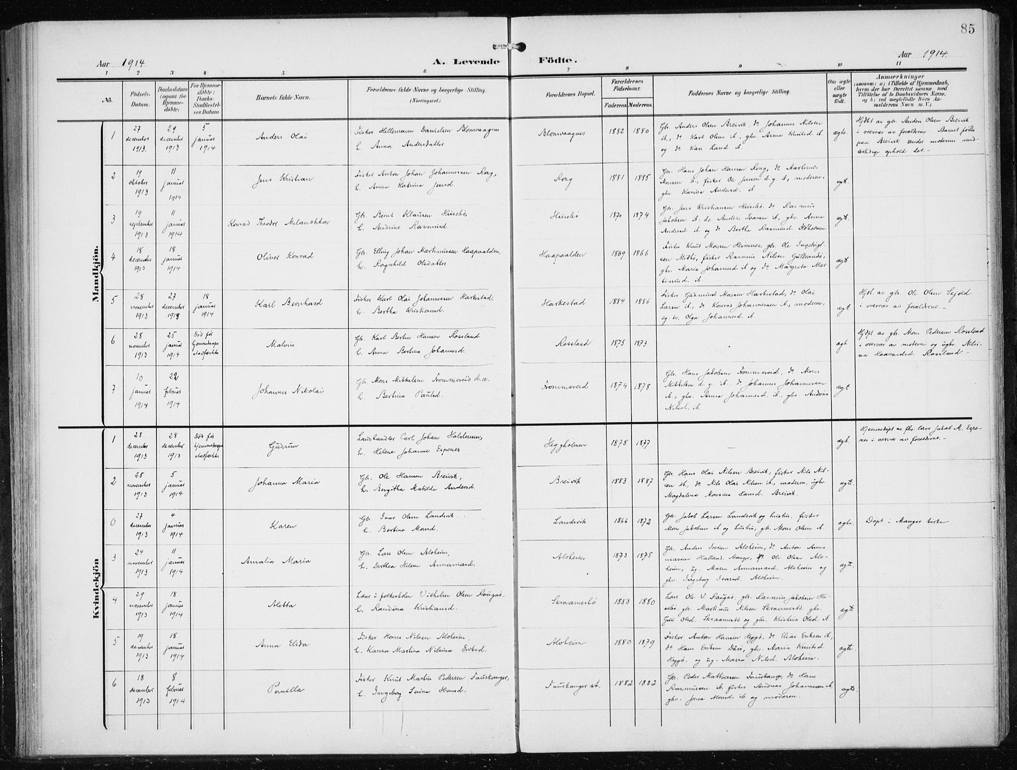 Herdla Sokneprestembete, SAB/A-75701/H/Haa: Parish register (official) no. A 5, 1905-1918, p. 85