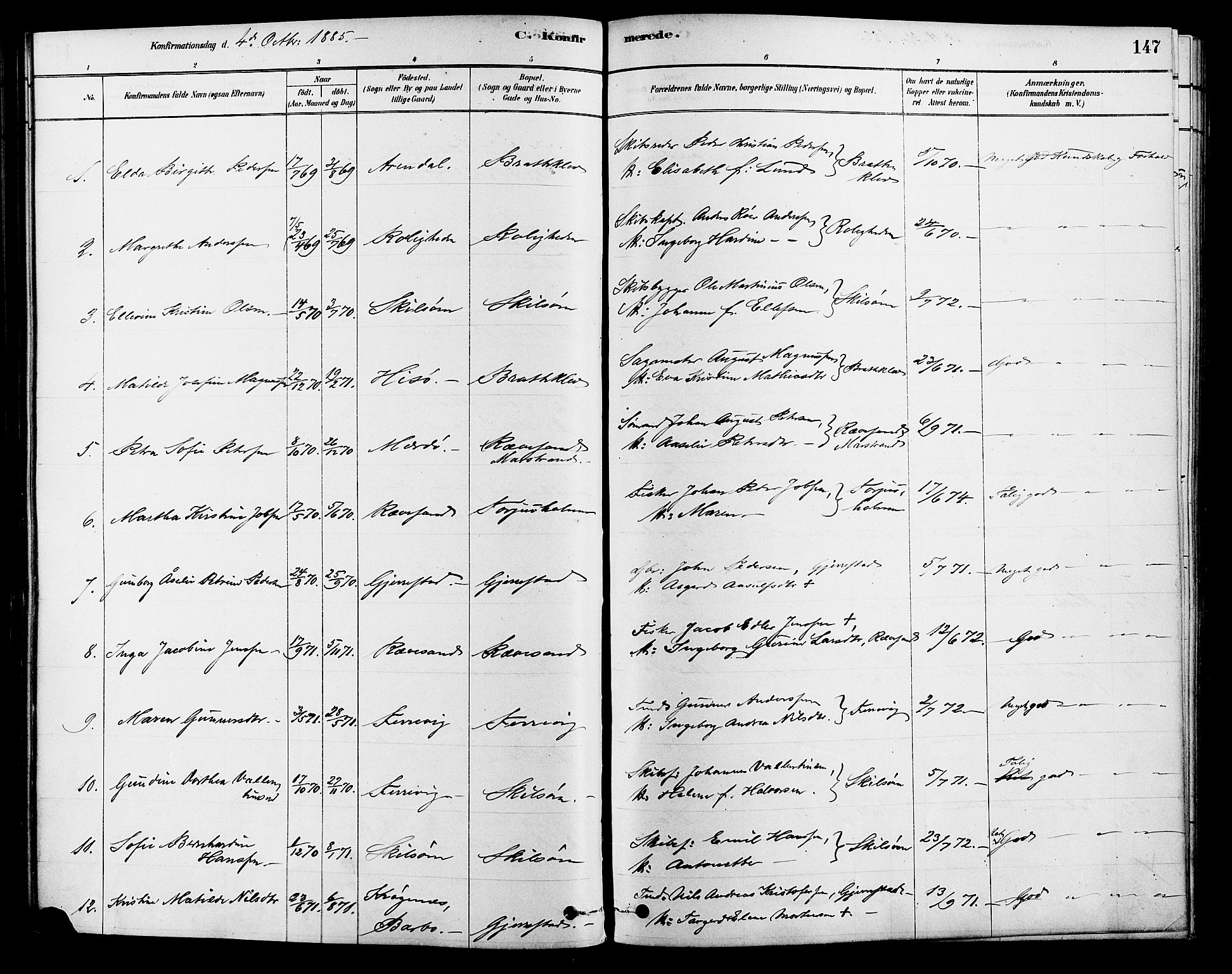 Tromøy sokneprestkontor, AV/SAK-1111-0041/F/Fa/L0009: Parish register (official) no. A 9, 1878-1896, p. 147