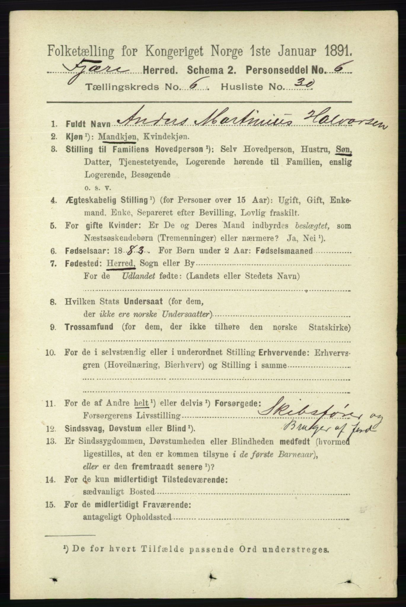 RA, 1891 census for 0923 Fjære, 1891, p. 3116