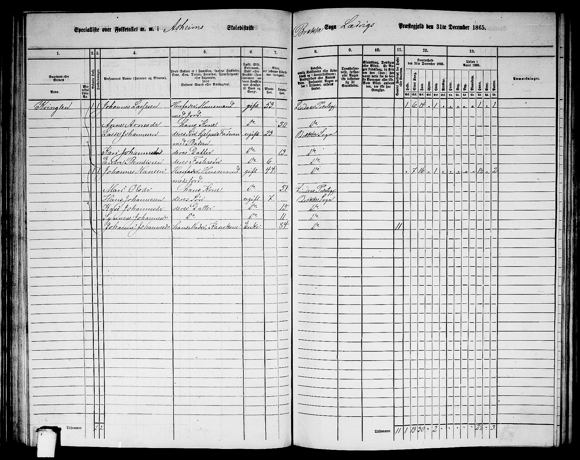 RA, 1865 census for Lavik, 1865, p. 95