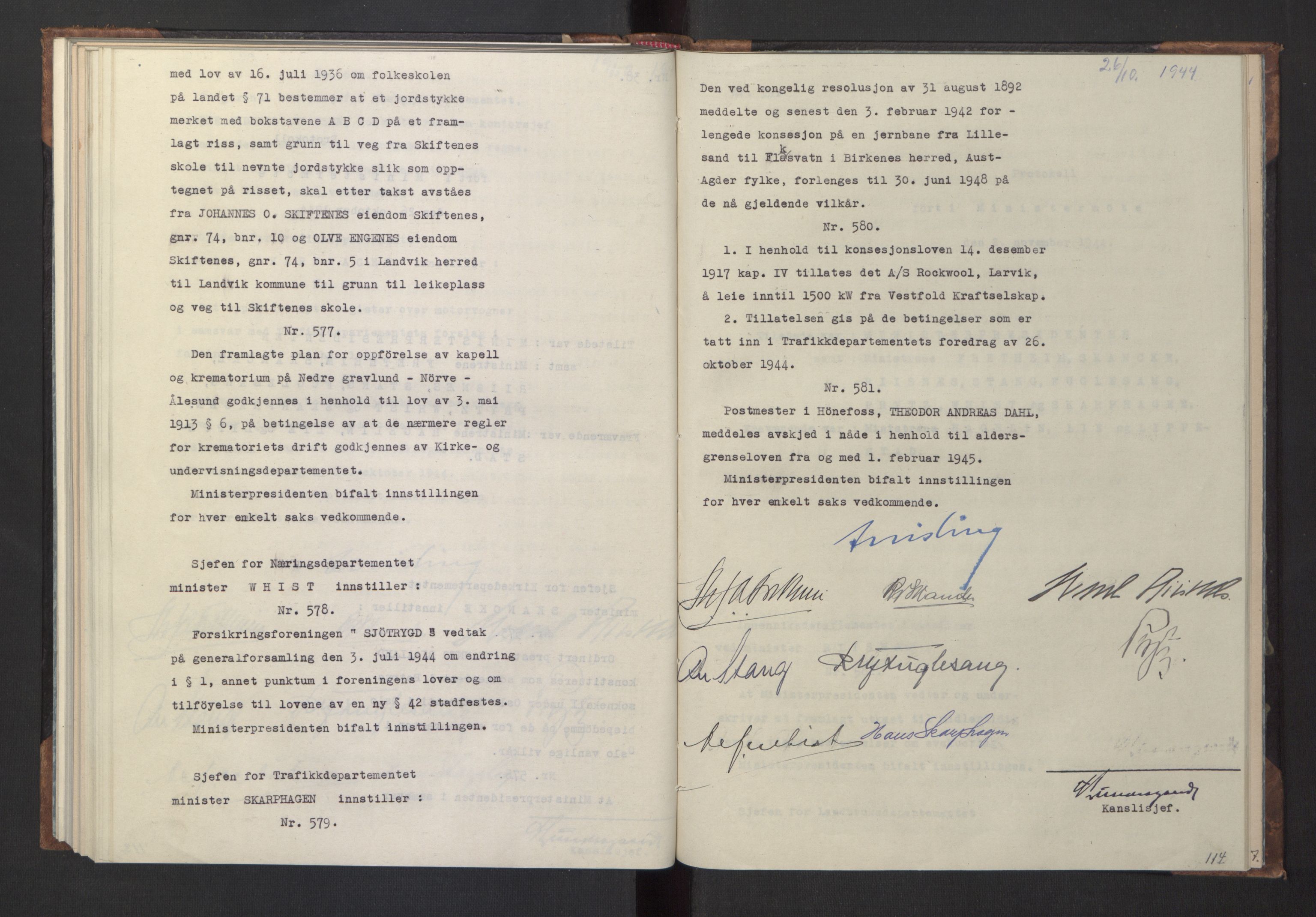NS-administrasjonen 1940-1945 (Statsrådsekretariatet, de kommisariske statsråder mm), RA/S-4279/D/Da/L0005: Protokoll fra ministermøter, 1944, p. 116