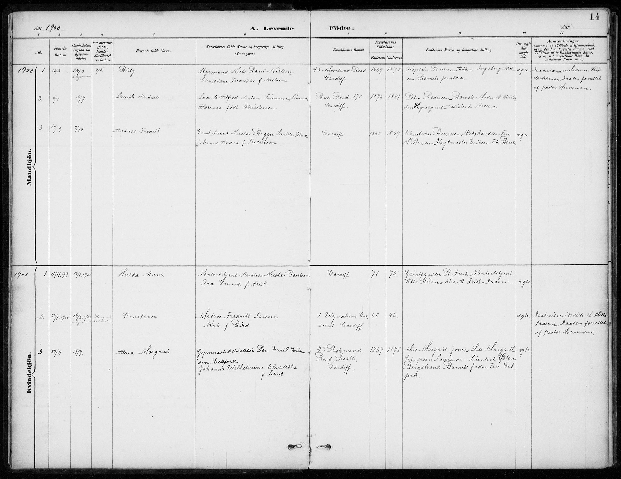 Den norske sjømannsmisjon i utlandet/Bristolhavnene(Cardiff-Swansea), SAB/SAB/PA-0102/H/Ha/Haa/L0002: Parish register (official) no. A 2, 1887-1932, p. 14