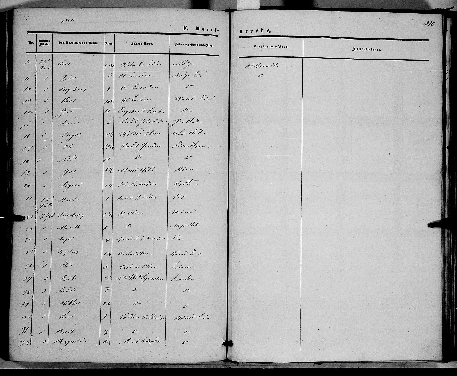 Vestre Slidre prestekontor, SAH/PREST-136/H/Ha/Haa/L0002: Parish register (official) no. 2, 1856-1864, p. 310