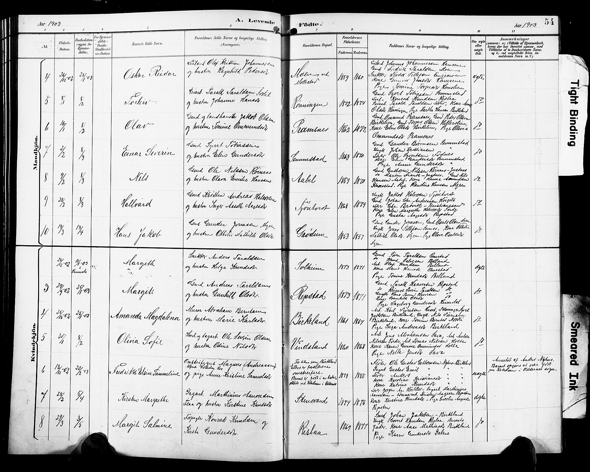Birkenes sokneprestkontor, SAK/1111-0004/F/Fb/L0004: Parish register (copy) no. B 4, 1893-1930, p. 54