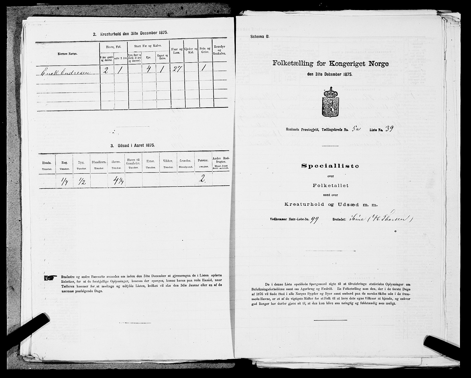 SAST, 1875 census for 1124P Håland, 1875, p. 720