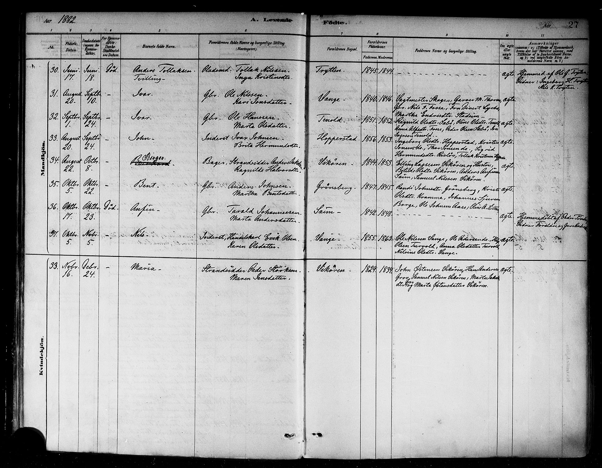 Vik sokneprestembete, AV/SAB-A-81501/H/Haa/Haab/L0001: Parish register (official) no. B 1, 1878-1890, p. 27