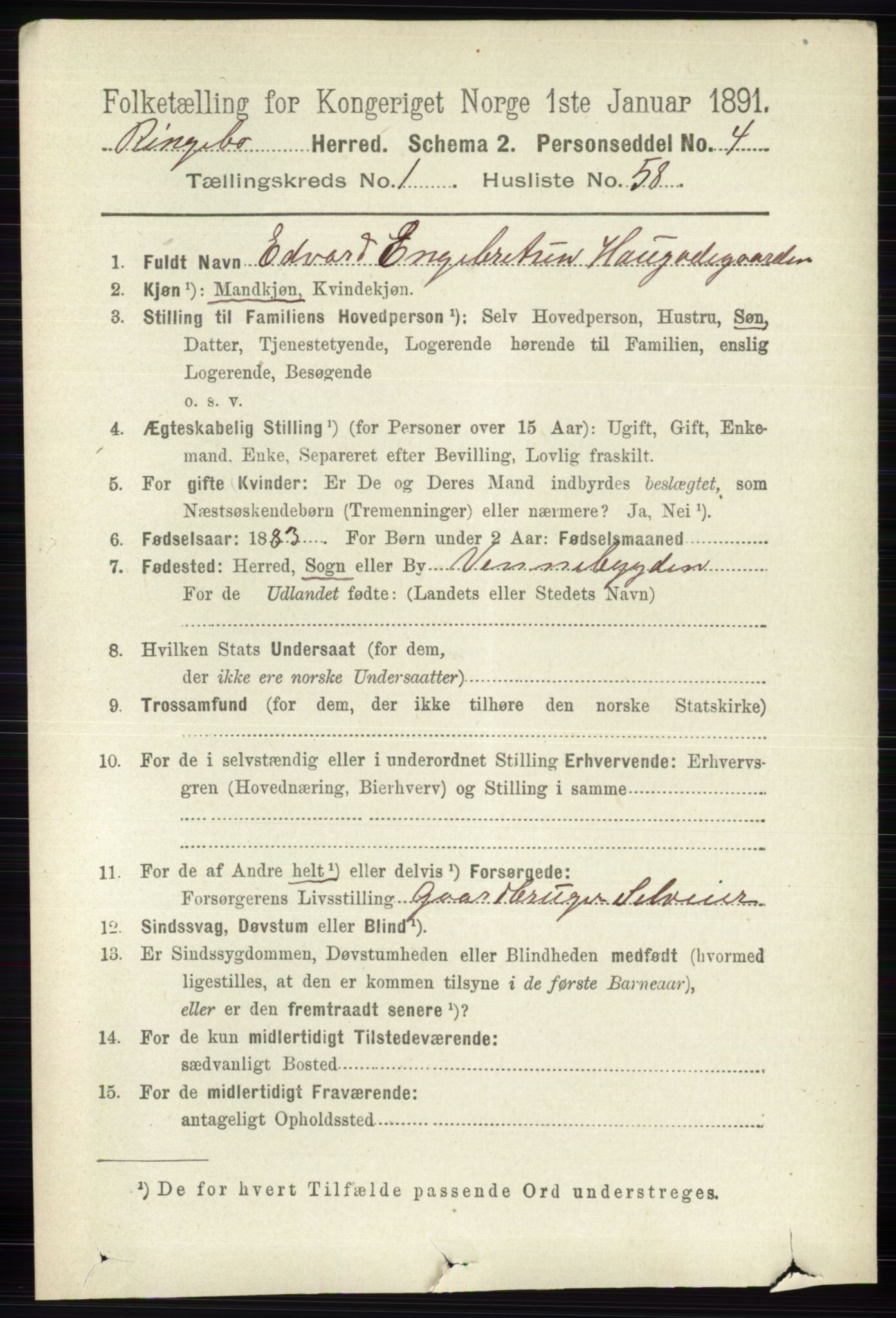 RA, 1891 census for 0520 Ringebu, 1891, p. 331