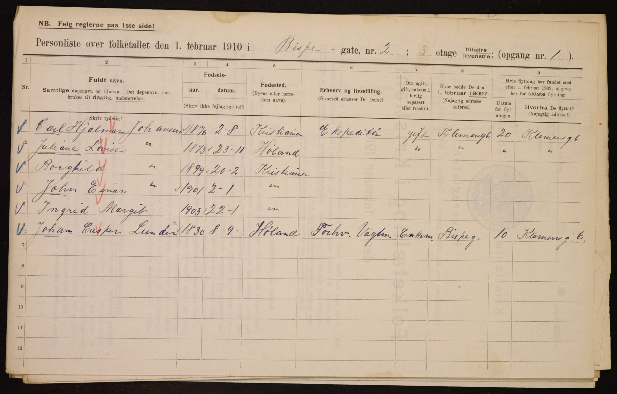 OBA, Municipal Census 1910 for Kristiania, 1910, p. 5164