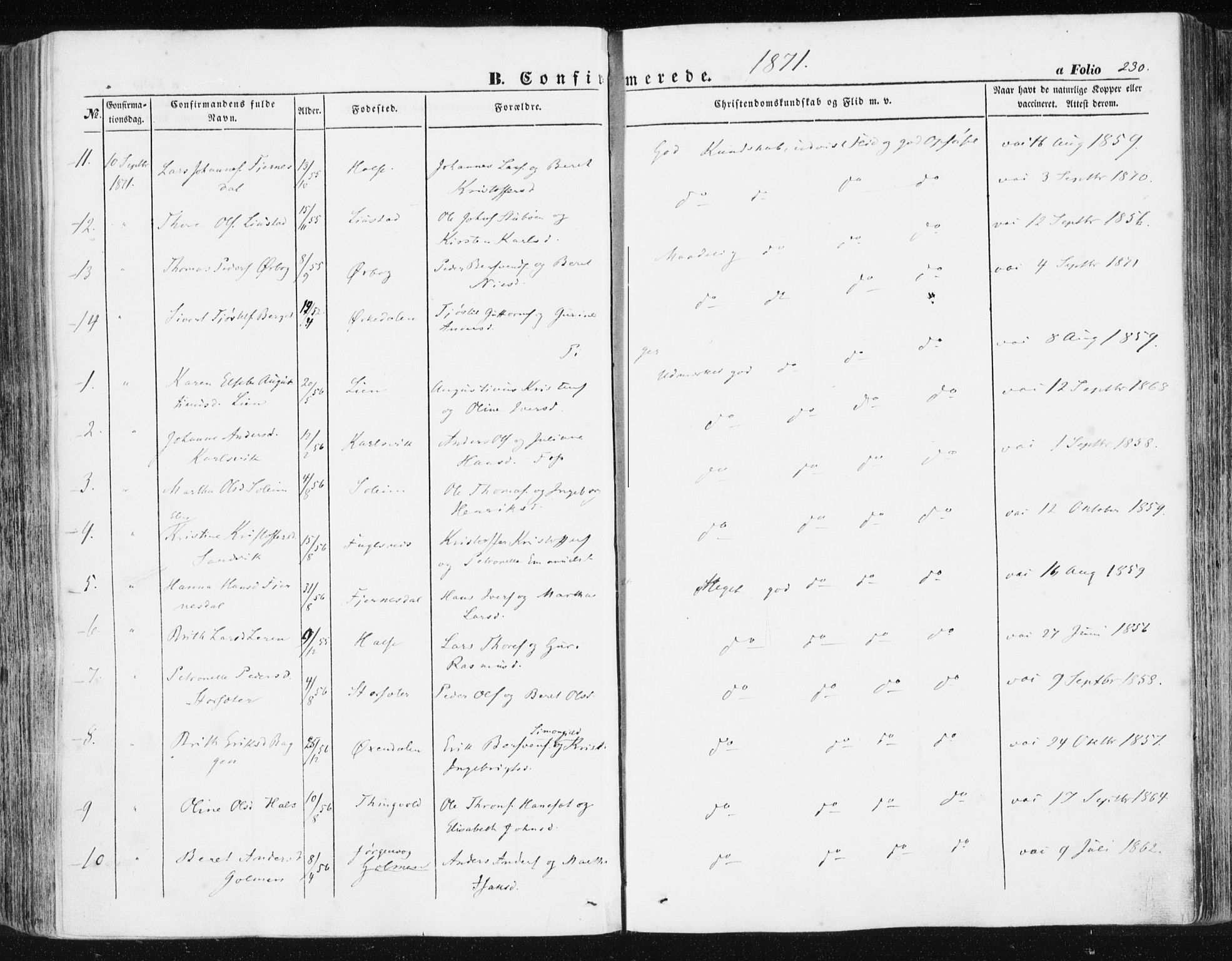 Ministerialprotokoller, klokkerbøker og fødselsregistre - Møre og Romsdal, AV/SAT-A-1454/581/L0937: Parish register (official) no. 581A05, 1853-1872, p. 230