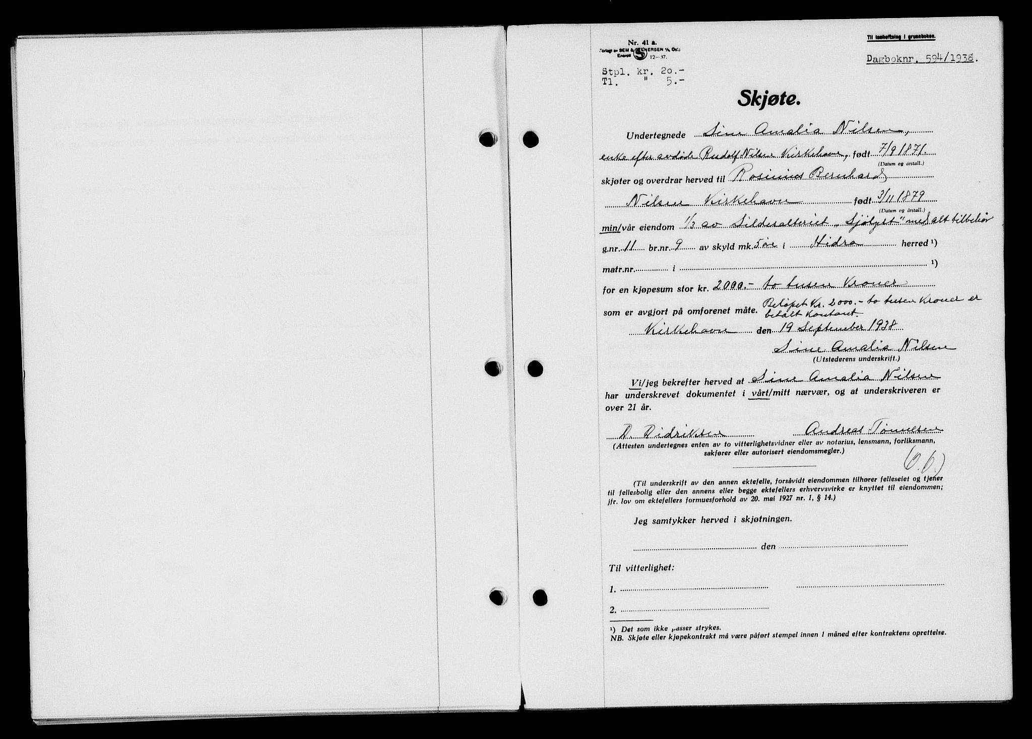 Flekkefjord sorenskriveri, AV/SAK-1221-0001/G/Gb/Gba/L0054: Mortgage book no. A-2, 1937-1938, Diary no: : 594/1938