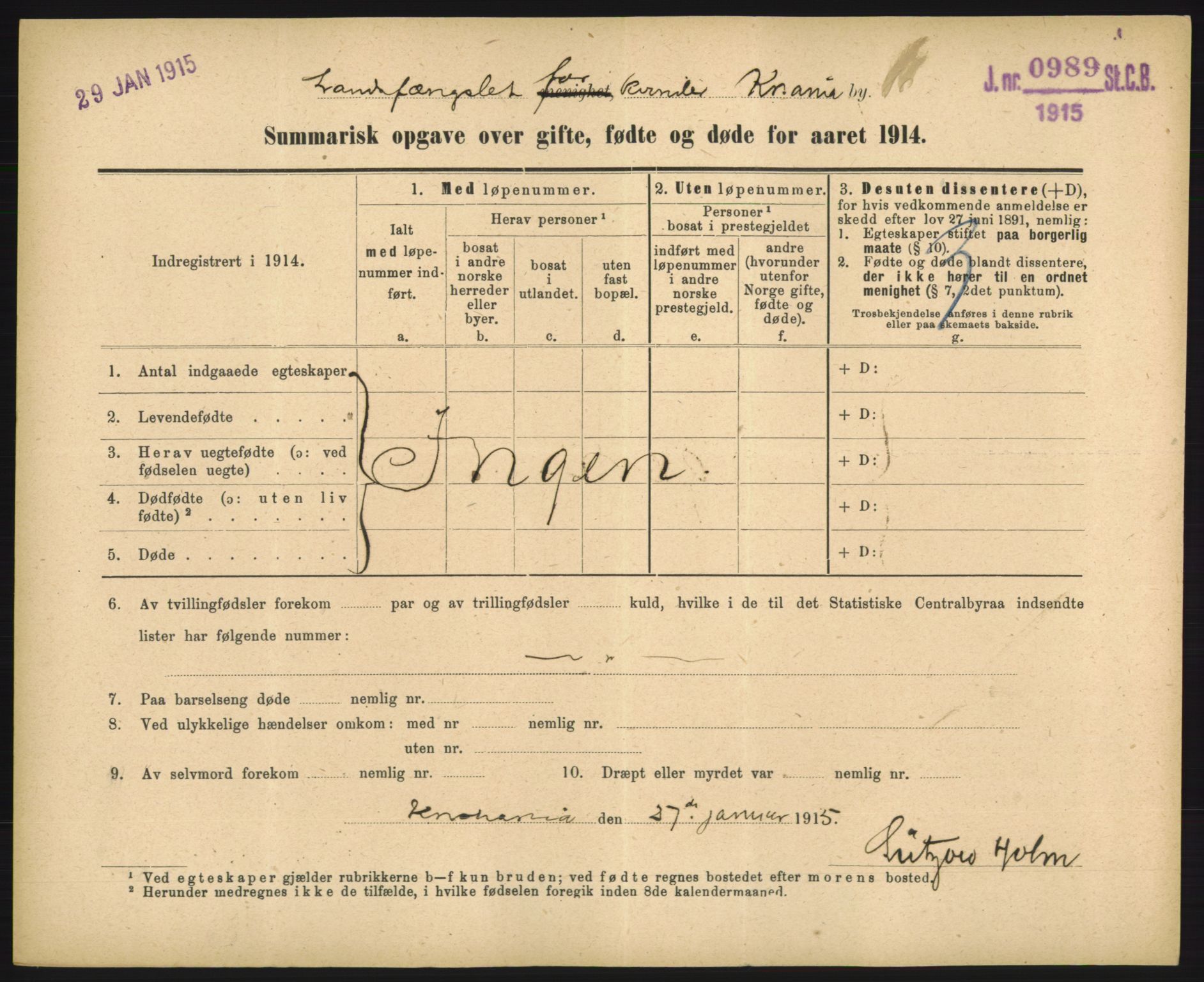 Statistisk sentralbyrå, Sosiodemografiske emner, Befolkning, RA/S-2228/D/Df/Dfb/Dfbd/L0049: Summariske oppgaver over gifte, døde og fødte for hele landet., 1914, p. 197