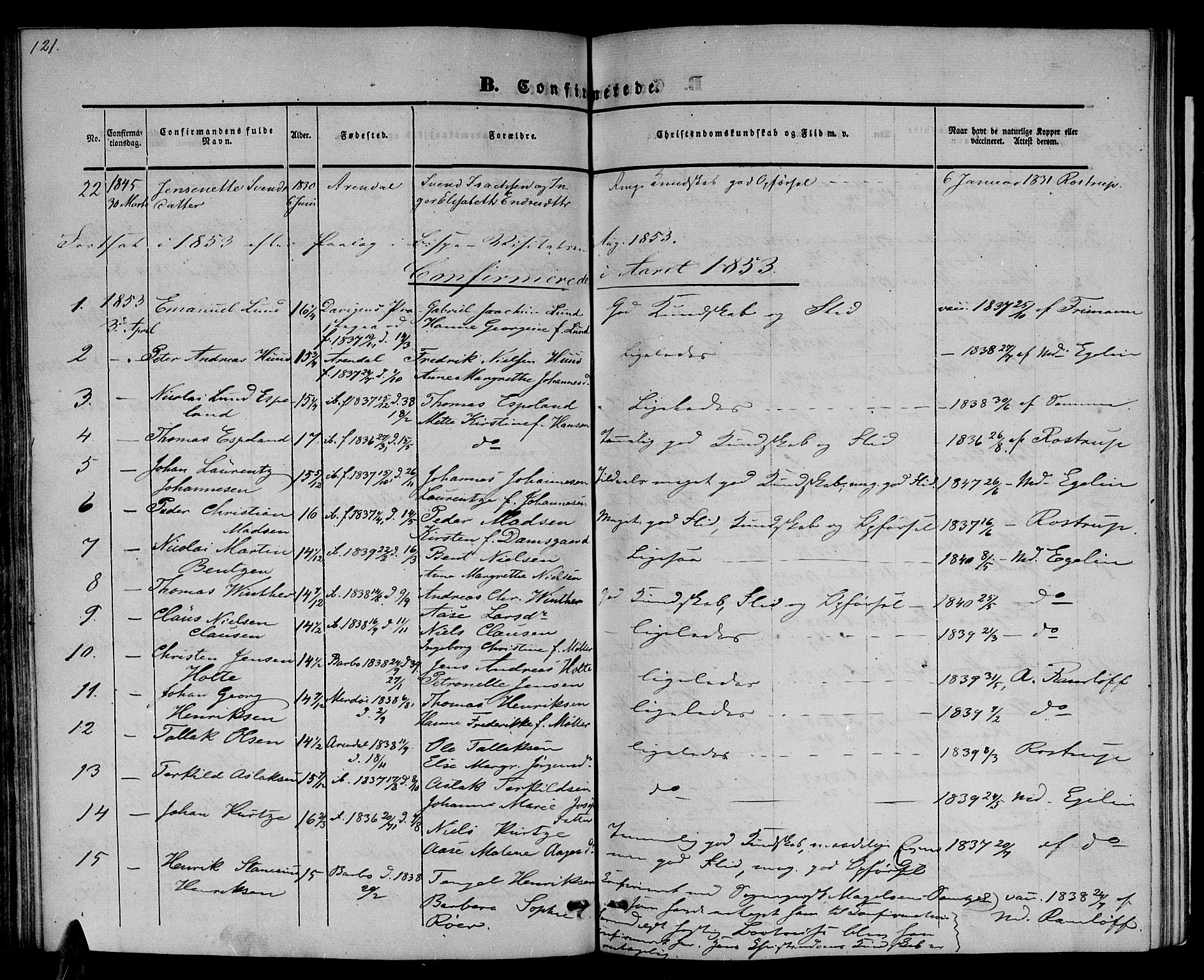 Arendal sokneprestkontor, Trefoldighet, SAK/1111-0040/F/Fb/L0002: Parish register (copy) no. B 2, 1838-1860, p. 121
