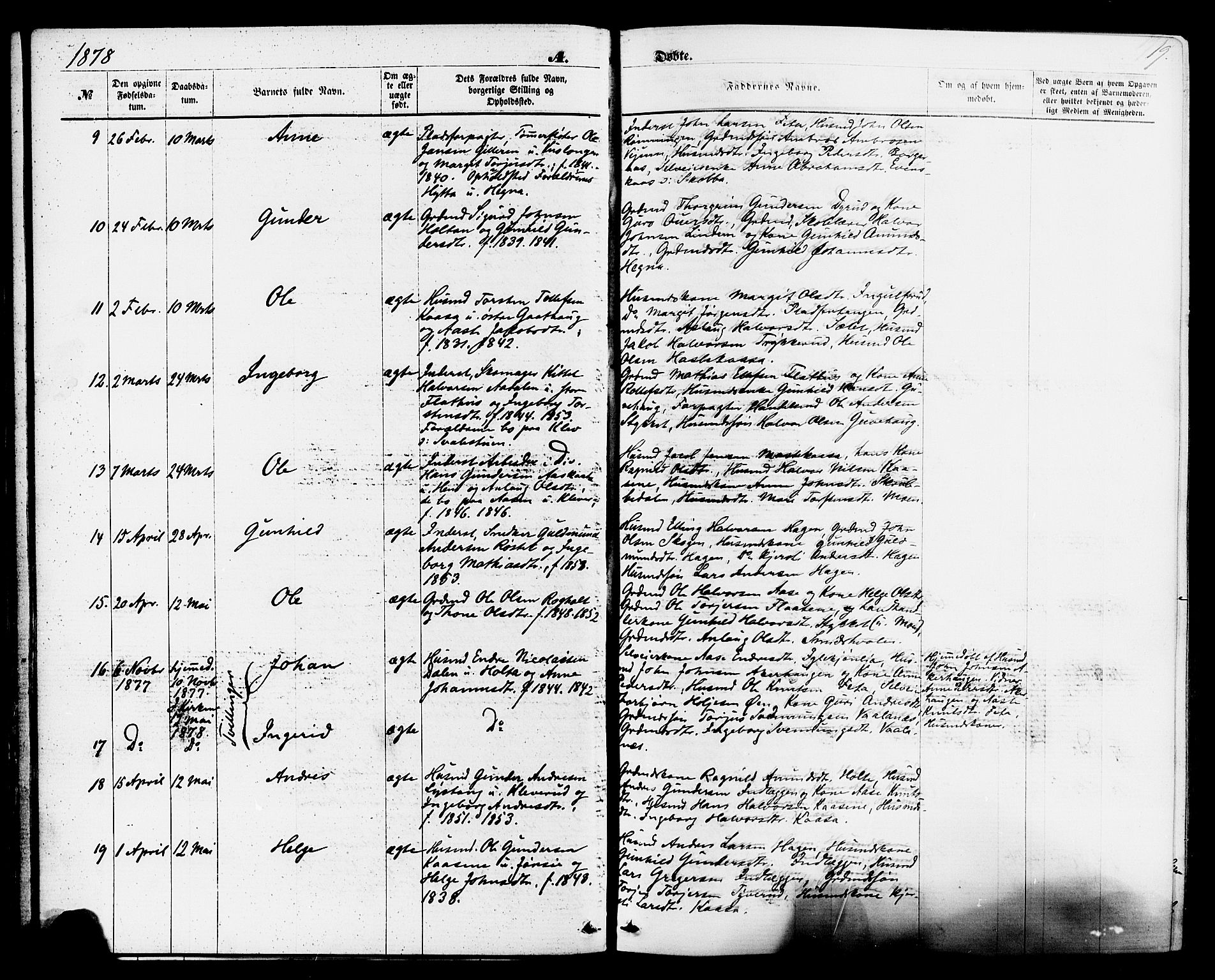 Sauherad kirkebøker, AV/SAKO-A-298/F/Fa/L0008: Parish register (official) no. I 8, 1873-1886, p. 19