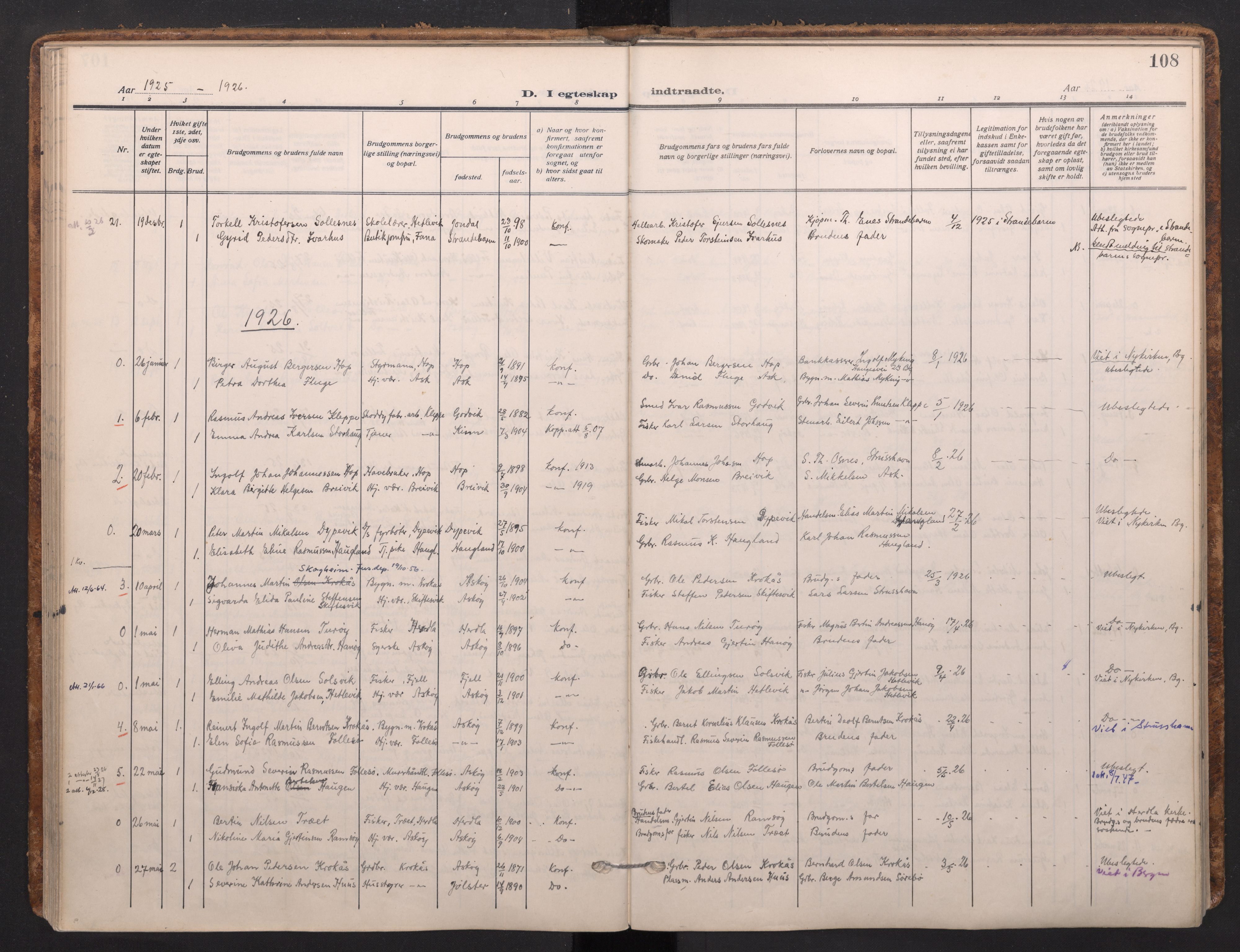 Askøy Sokneprestembete, AV/SAB-A-74101/H/Ha/Haa/Haad/L0002: Parish register (official) no. D 2, 1915-1935, p. 108