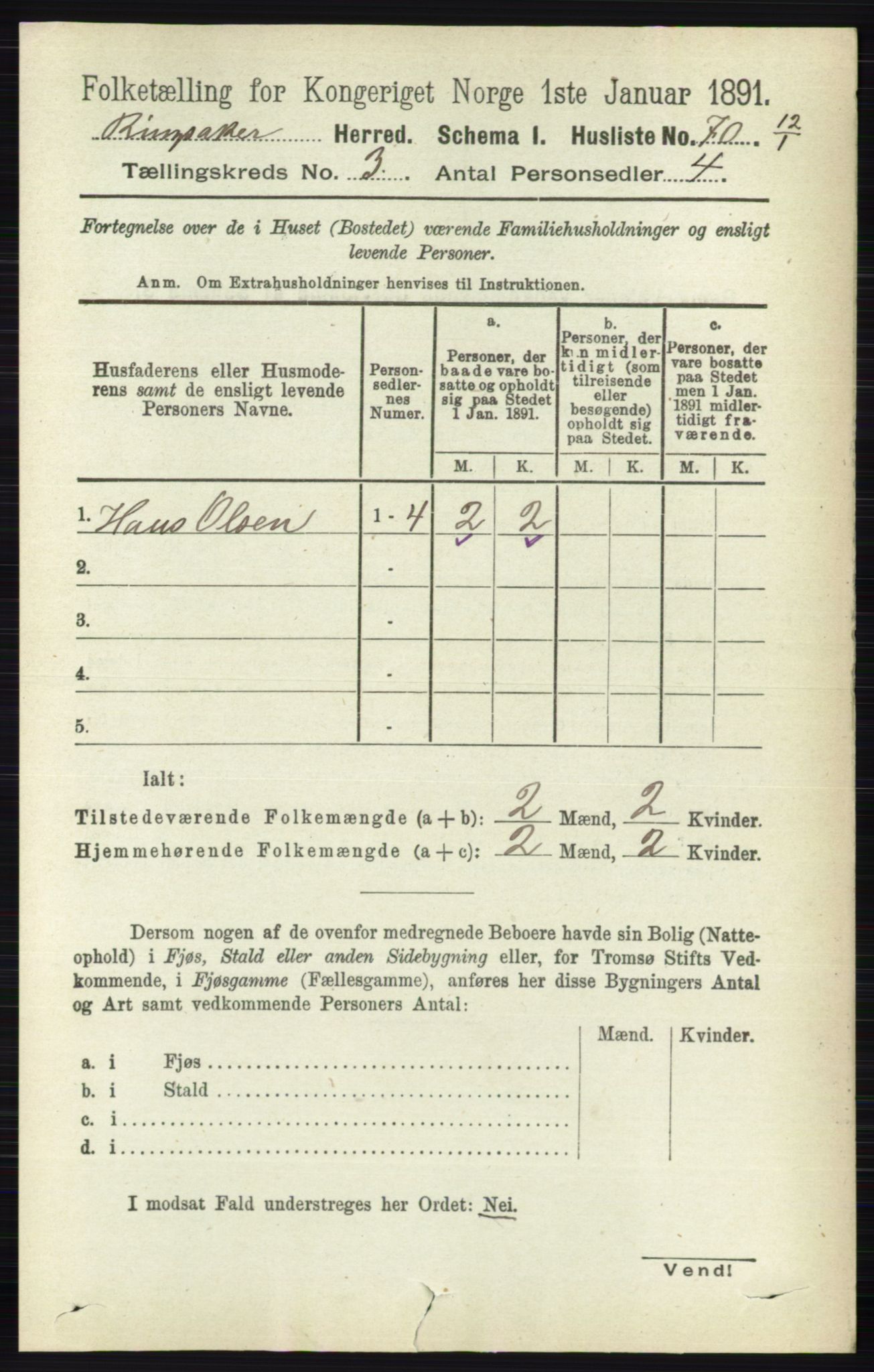 RA, 1891 census for 0412 Ringsaker, 1891, p. 1231