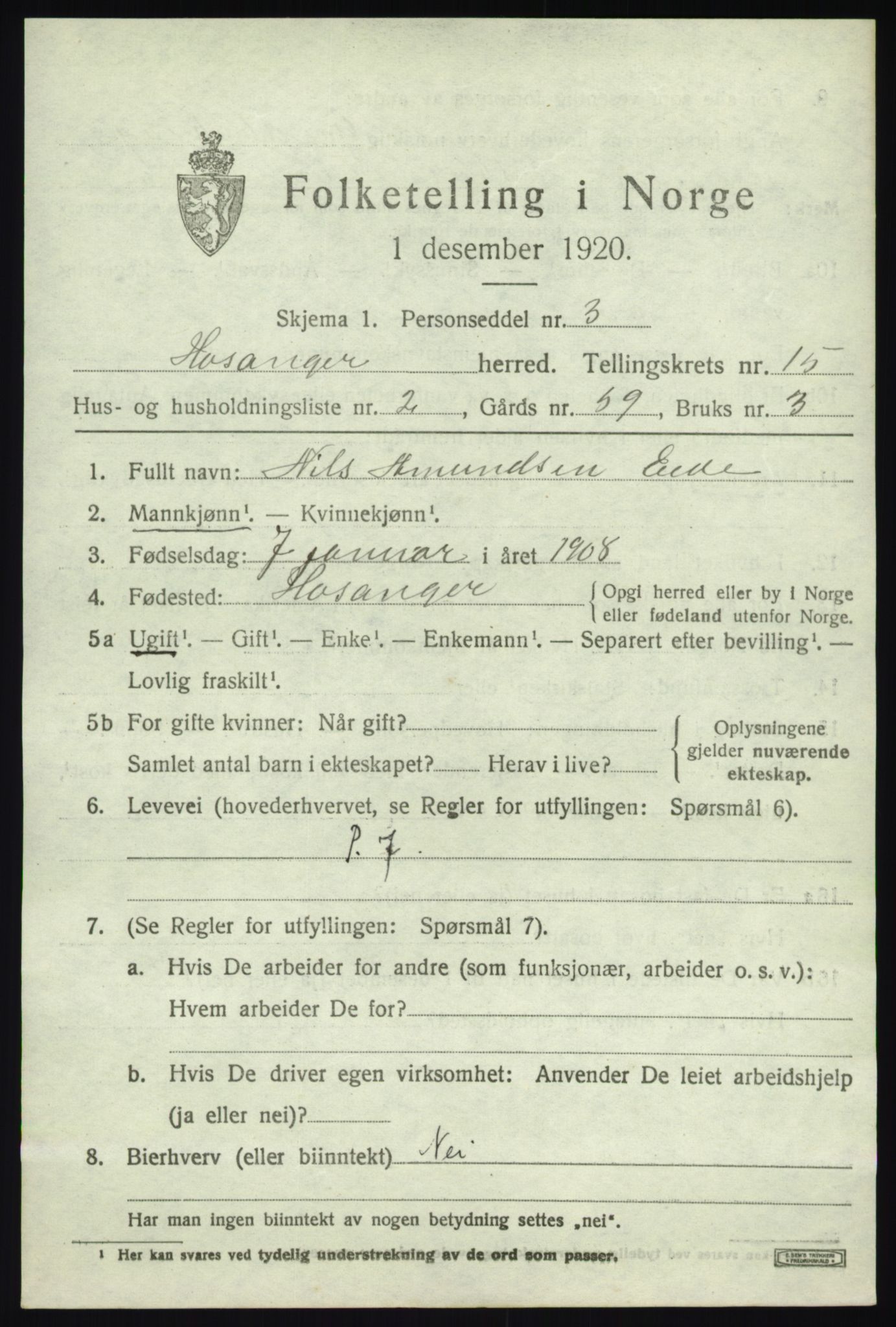 SAB, 1920 census for Hosanger, 1920, p. 5857