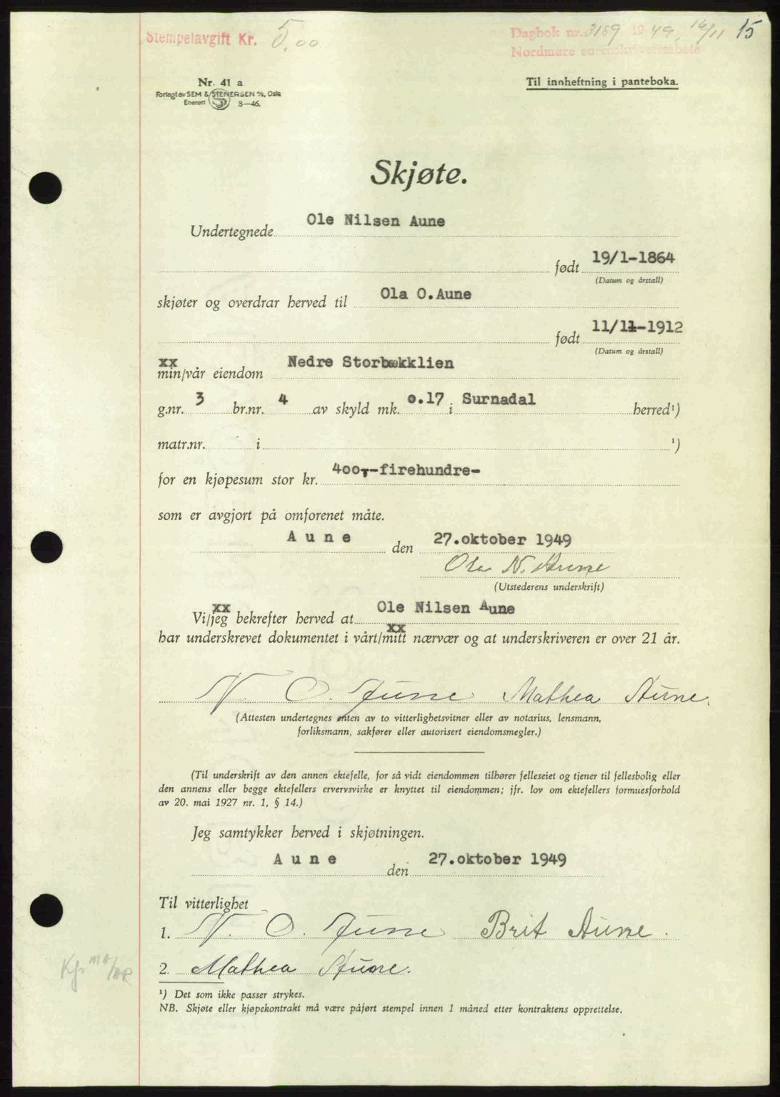 Nordmøre sorenskriveri, AV/SAT-A-4132/1/2/2Ca: Mortgage book no. A113, 1949-1950, Diary no: : 3189/1949