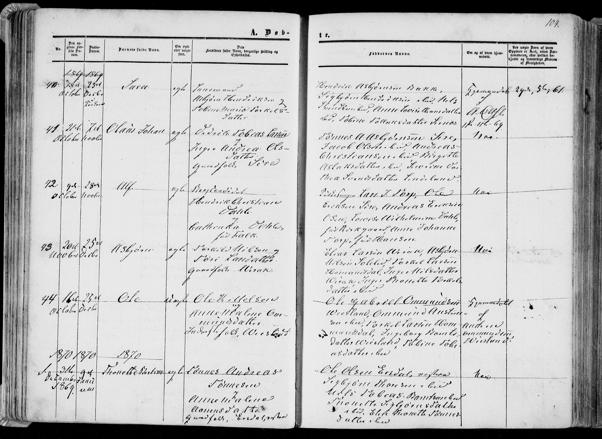 Bakke sokneprestkontor, AV/SAK-1111-0002/F/Fa/Faa/L0006: Parish register (official) no. A 6, 1855-1877, p. 104