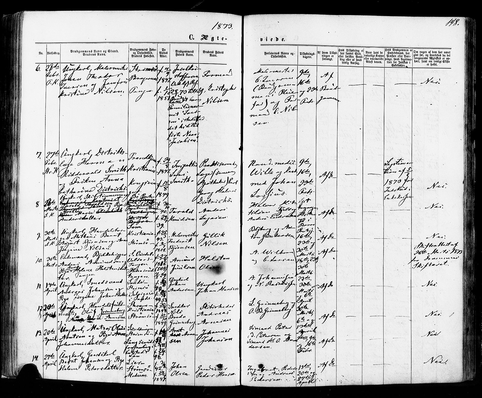 Strømsø kirkebøker, AV/SAKO-A-246/F/Fa/L0018: Parish register (official) no. I 18, 1865-1878, p. 148