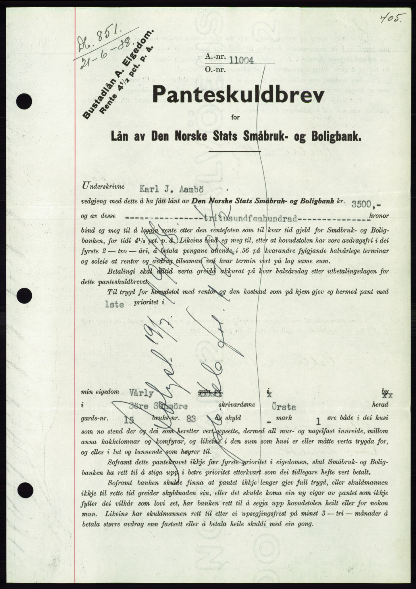 Søre Sunnmøre sorenskriveri, AV/SAT-A-4122/1/2/2C/L0065: Mortgage book no. 59, 1938-1938, Diary no: : 851/1938