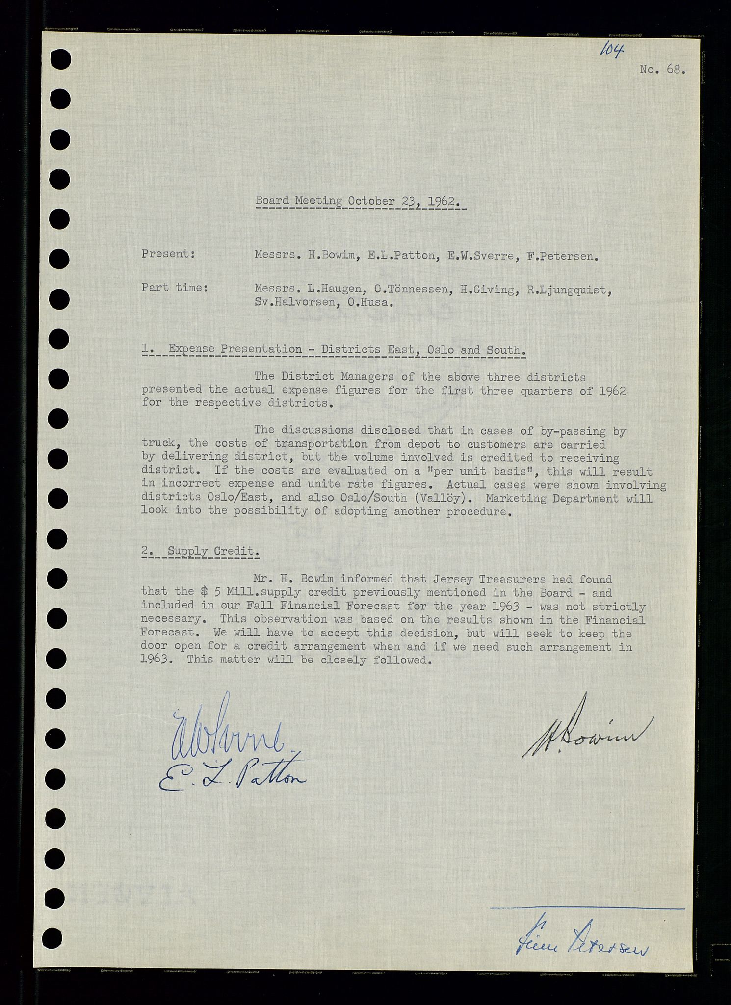 Pa 0982 - Esso Norge A/S, AV/SAST-A-100448/A/Aa/L0001/0003: Den administrerende direksjon Board minutes (styrereferater) / Den administrerende direksjon Board minutes (styrereferater), 1962, p. 104