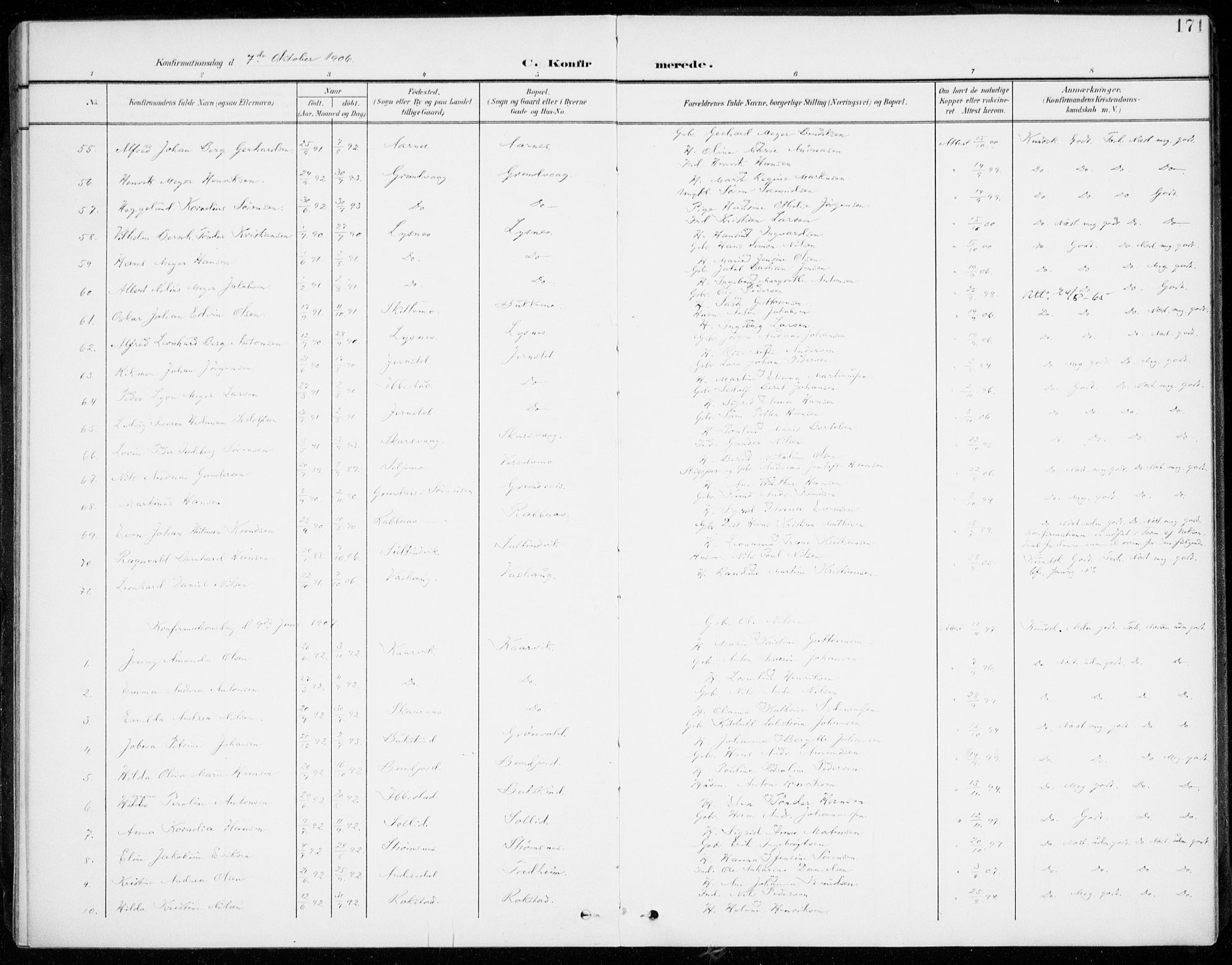 Lenvik sokneprestembete, SATØ/S-1310/H/Ha/Haa/L0014kirke: Parish register (official) no. 14, 1899-1909, p. 171