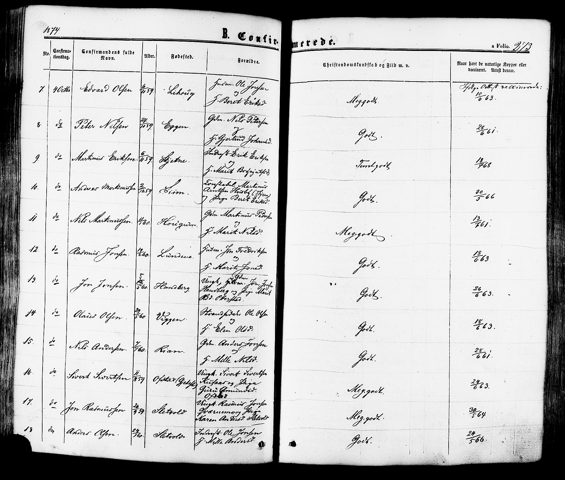 Ministerialprotokoller, klokkerbøker og fødselsregistre - Sør-Trøndelag, SAT/A-1456/665/L0772: Parish register (official) no. 665A07, 1856-1878, p. 273