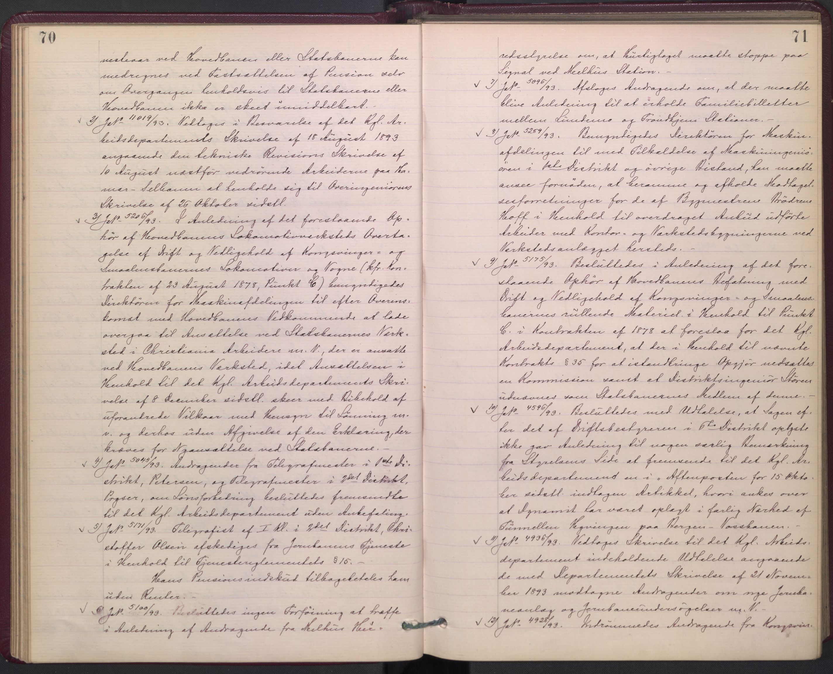 Norges statsbaner, Administrasjons- økonomi- og personalavdelingen, AV/RA-S-3412/A/Aa/L0002a: Forhandlingsprotokoll, 1893-1895, p. 70-71