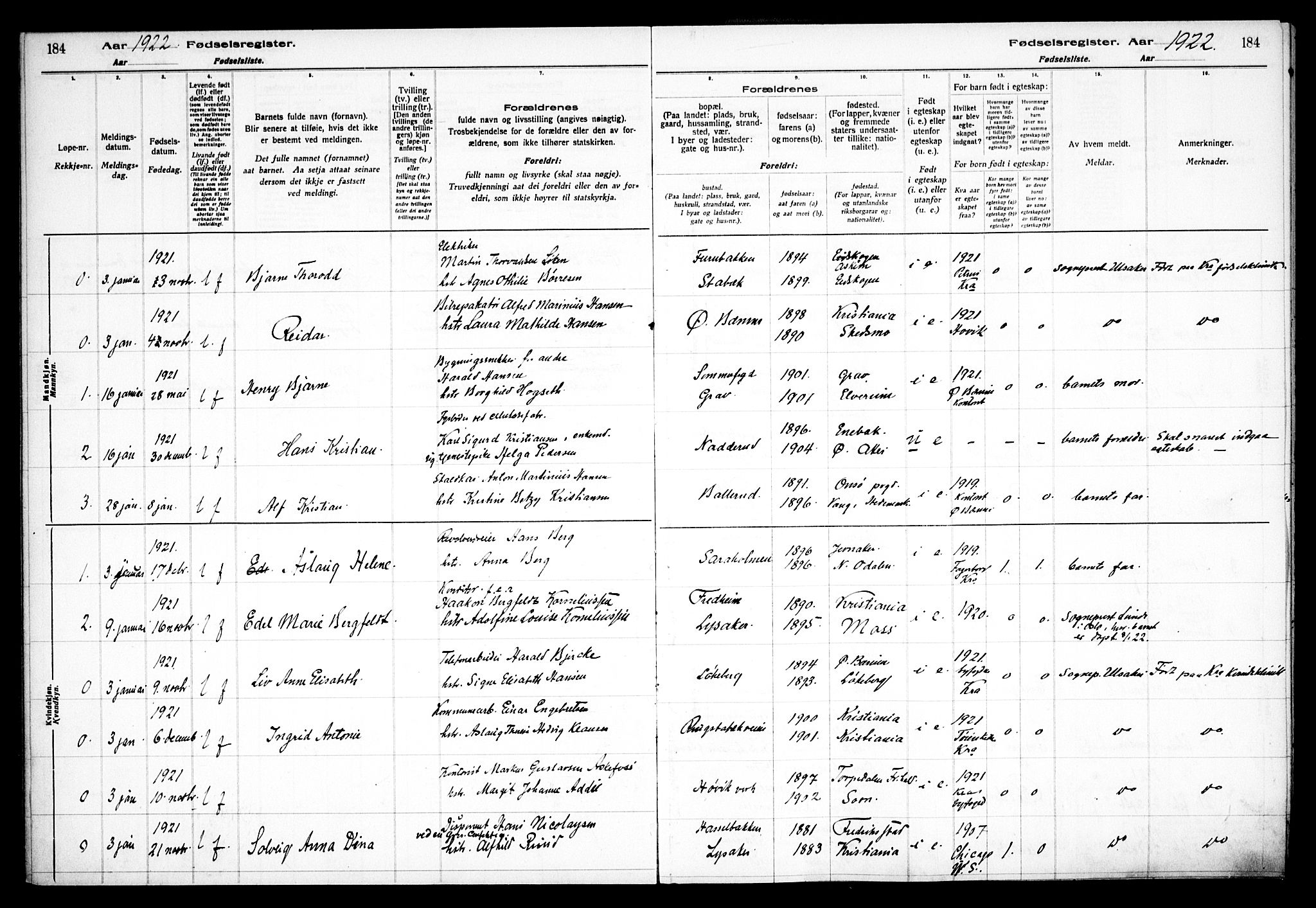 Østre Bærum prestekontor Kirkebøker, AV/SAO-A-10887/J/Ja/L0001: Birth register no. 1, 1916-1922, p. 184