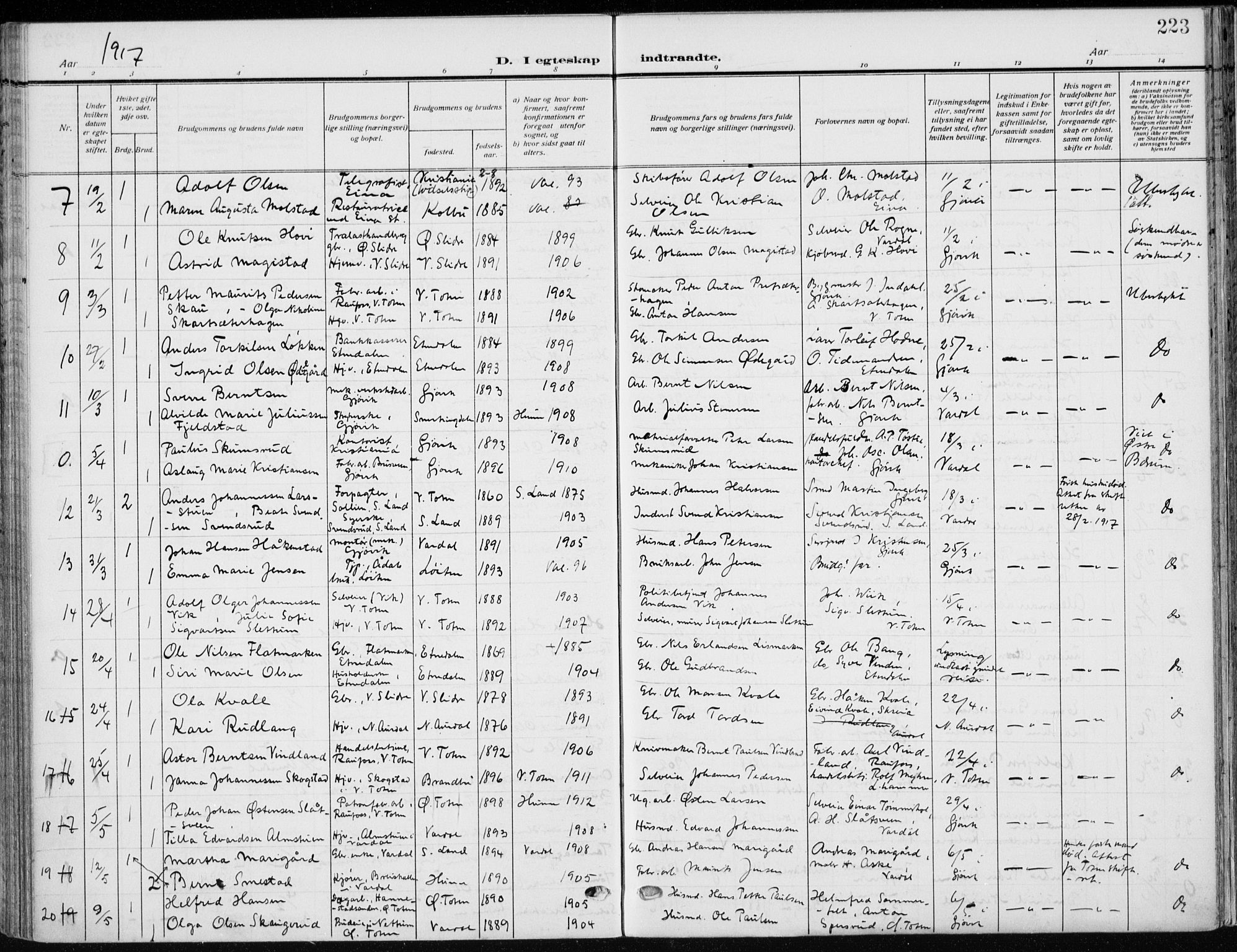 Vardal prestekontor, SAH/PREST-100/H/Ha/Haa/L0014: Parish register (official) no. 14, 1912-1922, p. 223
