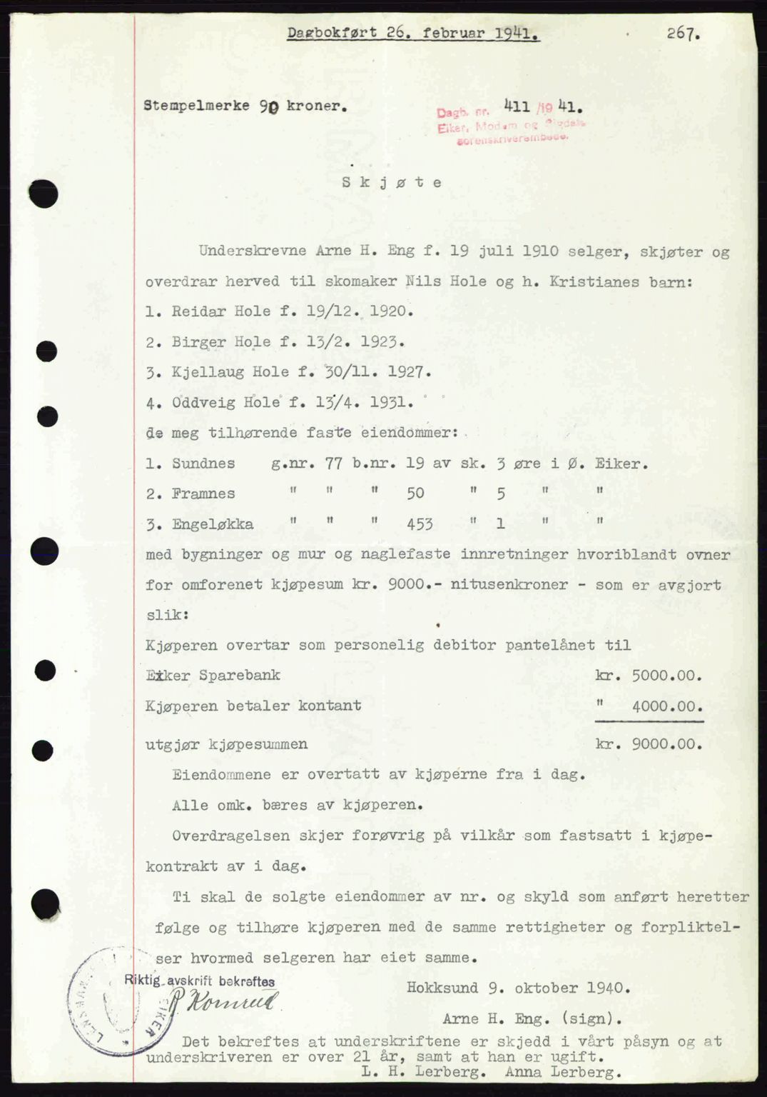 Eiker, Modum og Sigdal sorenskriveri, SAKO/A-123/G/Ga/Gab/L0043: Mortgage book no. A13, 1940-1941, Diary no: : 411/1941