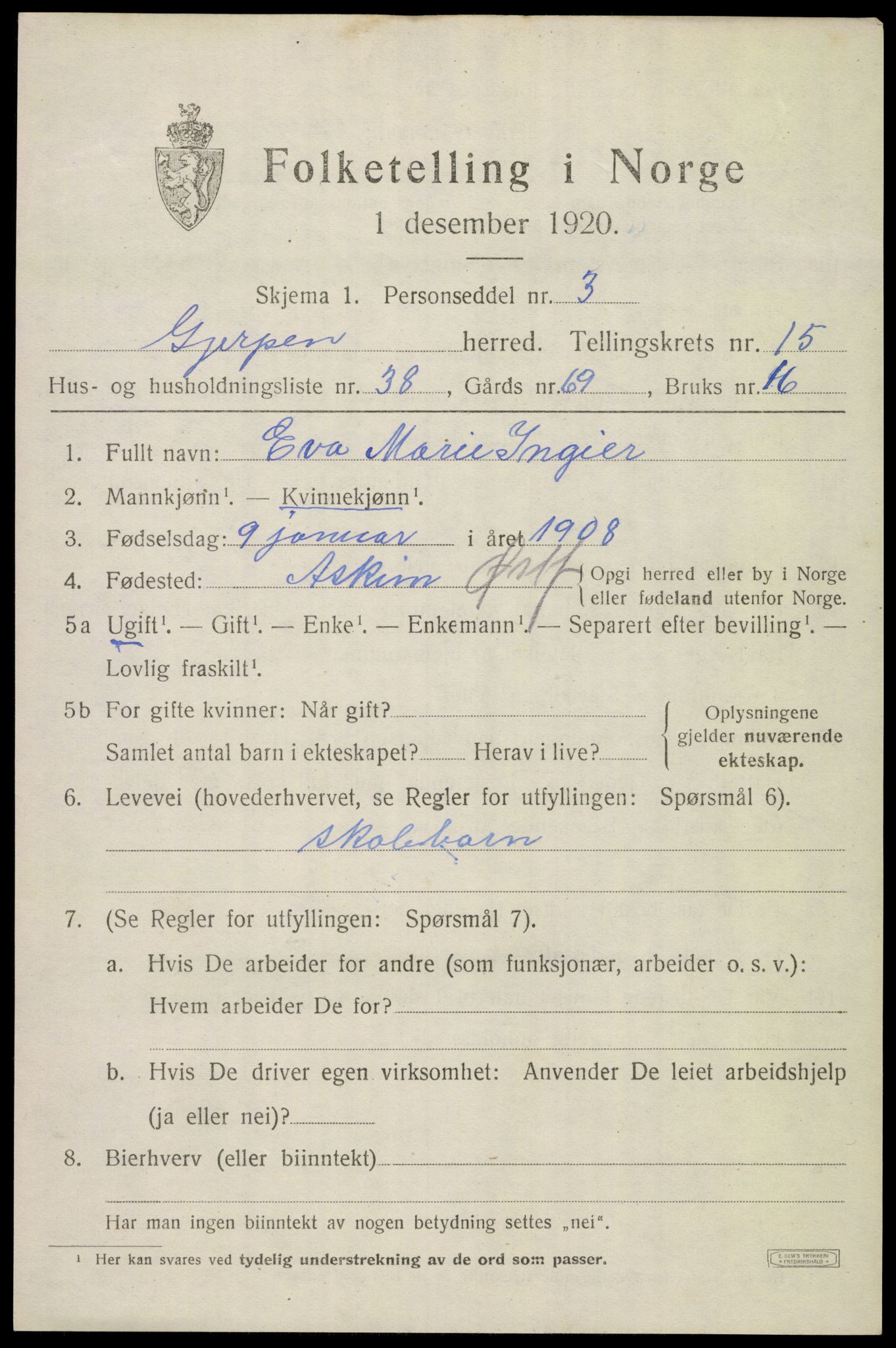 SAKO, 1920 census for Gjerpen, 1920, p. 17700