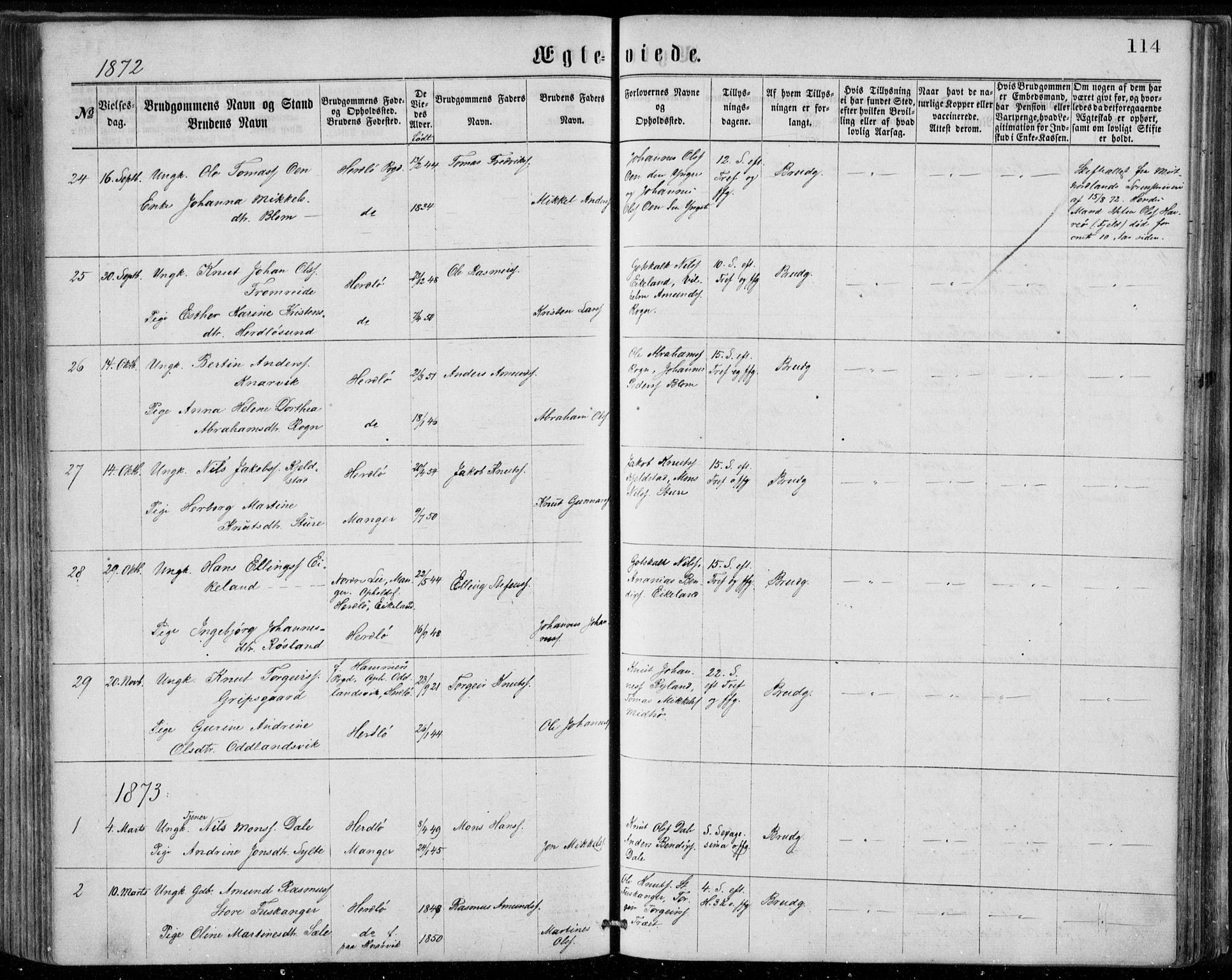 Herdla Sokneprestembete, AV/SAB-A-75701/H/Haa: Parish register (official) no. A 2, 1869-1877, p. 114