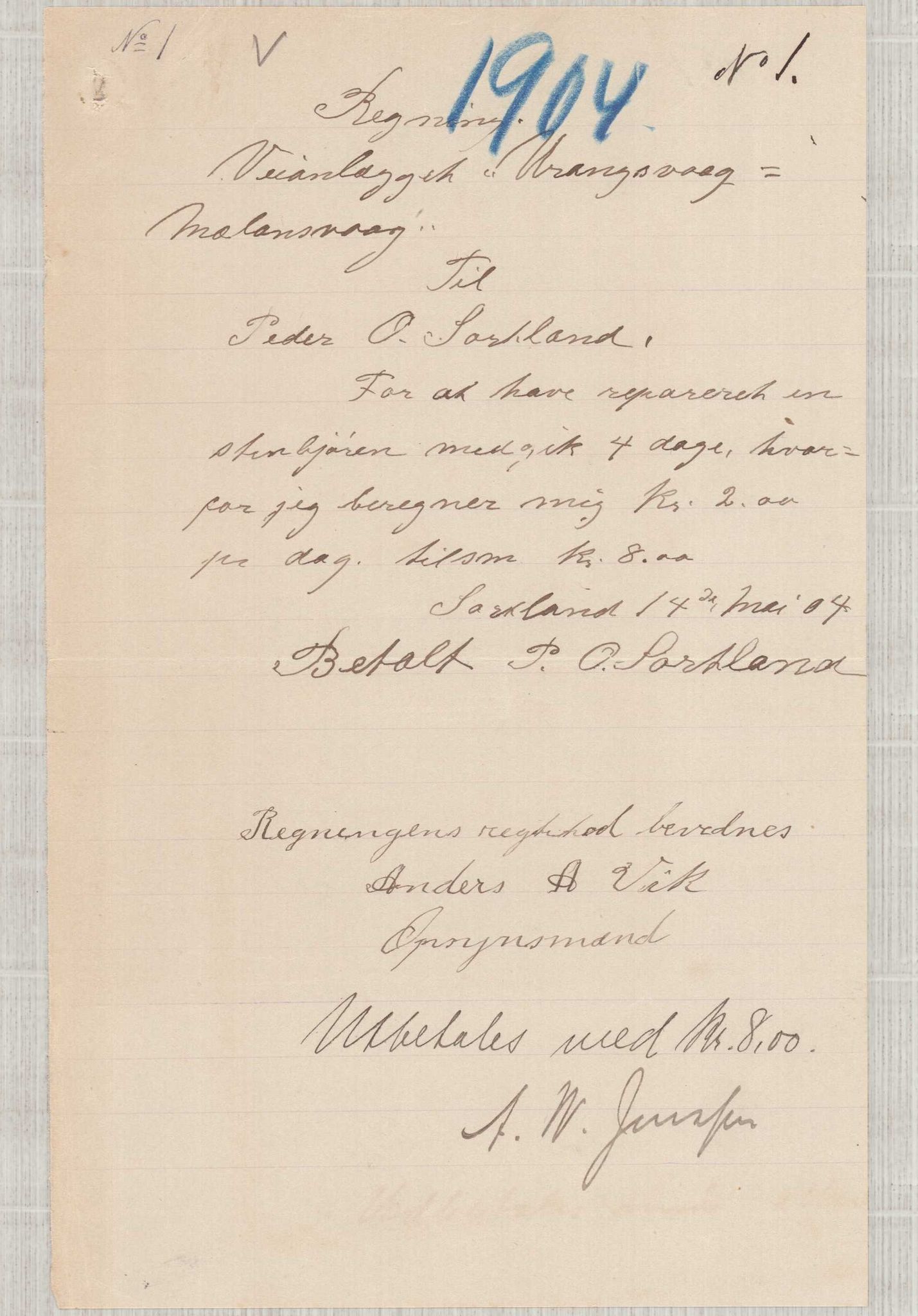 Finnaas kommune. Formannskapet, IKAH/1218a-021/E/Ea/L0002/0003: Rekneskap for veganlegg / Rekneskap for veganlegget Urangsvåg - Mælandsvåg, 1904-1905, p. 9