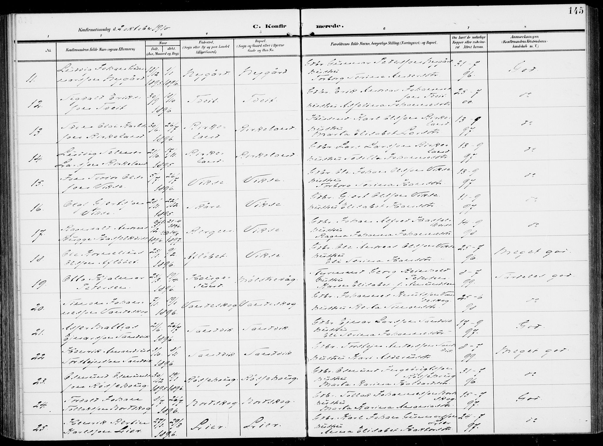 Sveio Sokneprestembete, SAB/A-78501/H/Haa: Parish register (official) no. B  4, 1906-1919, p. 145