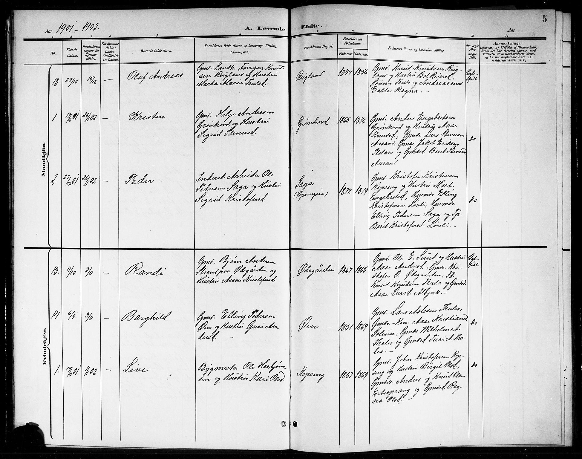 Sigdal kirkebøker, SAKO/A-245/G/Gb/L0003: Parish register (copy) no. II 3, 1901-1916, p. 5